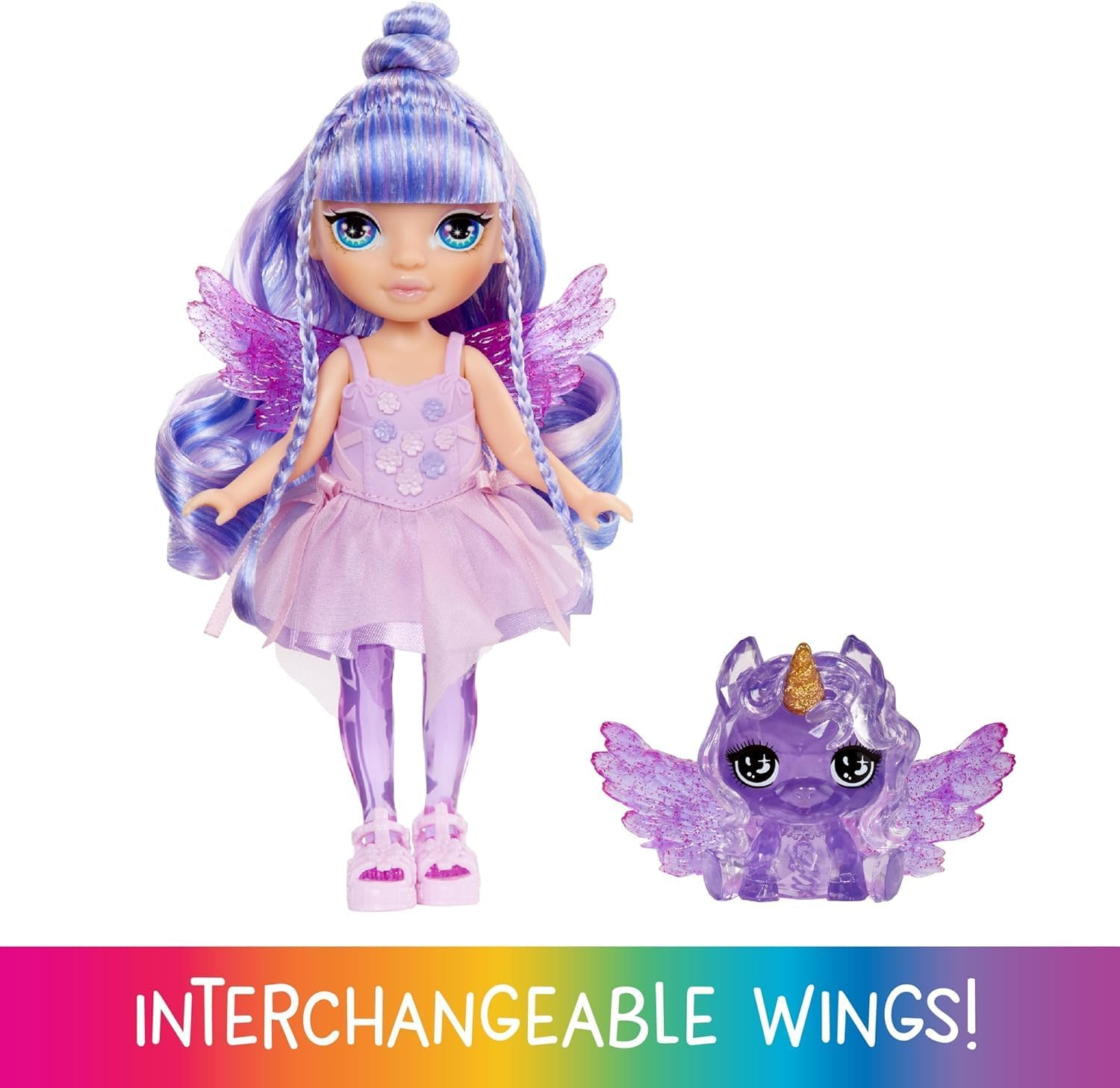 Rainbow High Littles Rainbow Fantasy Fairies + Pet &ndash; Amethyst, Purple 5.5" Posable Small Doll & Fantasy Pegasus Unicorn Pet with Interchangeable Fairy Wings, Kids Gift 4+