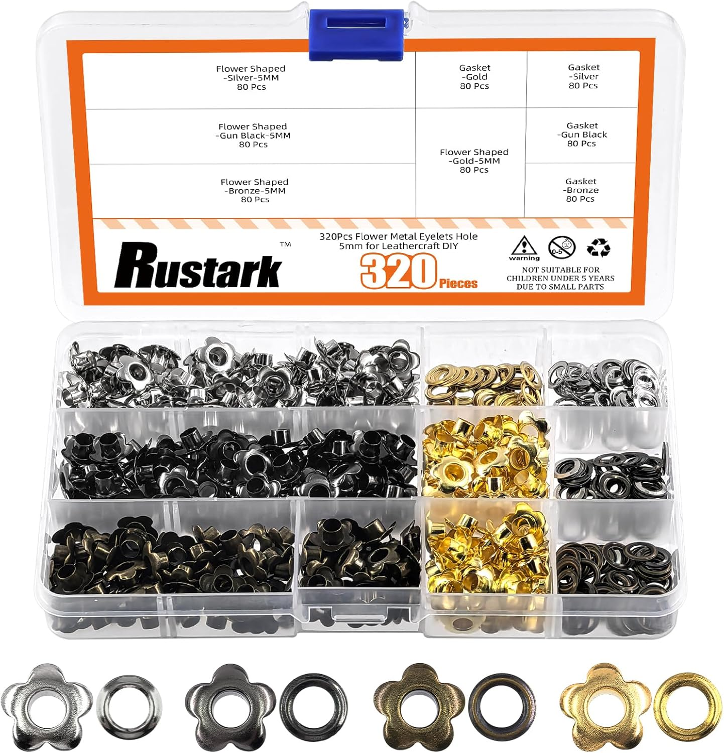 Rustark 200Pcs 5Mm Black Flower Eyelet Grommets Assortment Kit Floral Metal Eyelets Grommets Flower Shaped Craft Eyelets Findings for Shoes Clothes Leather DIY Craft