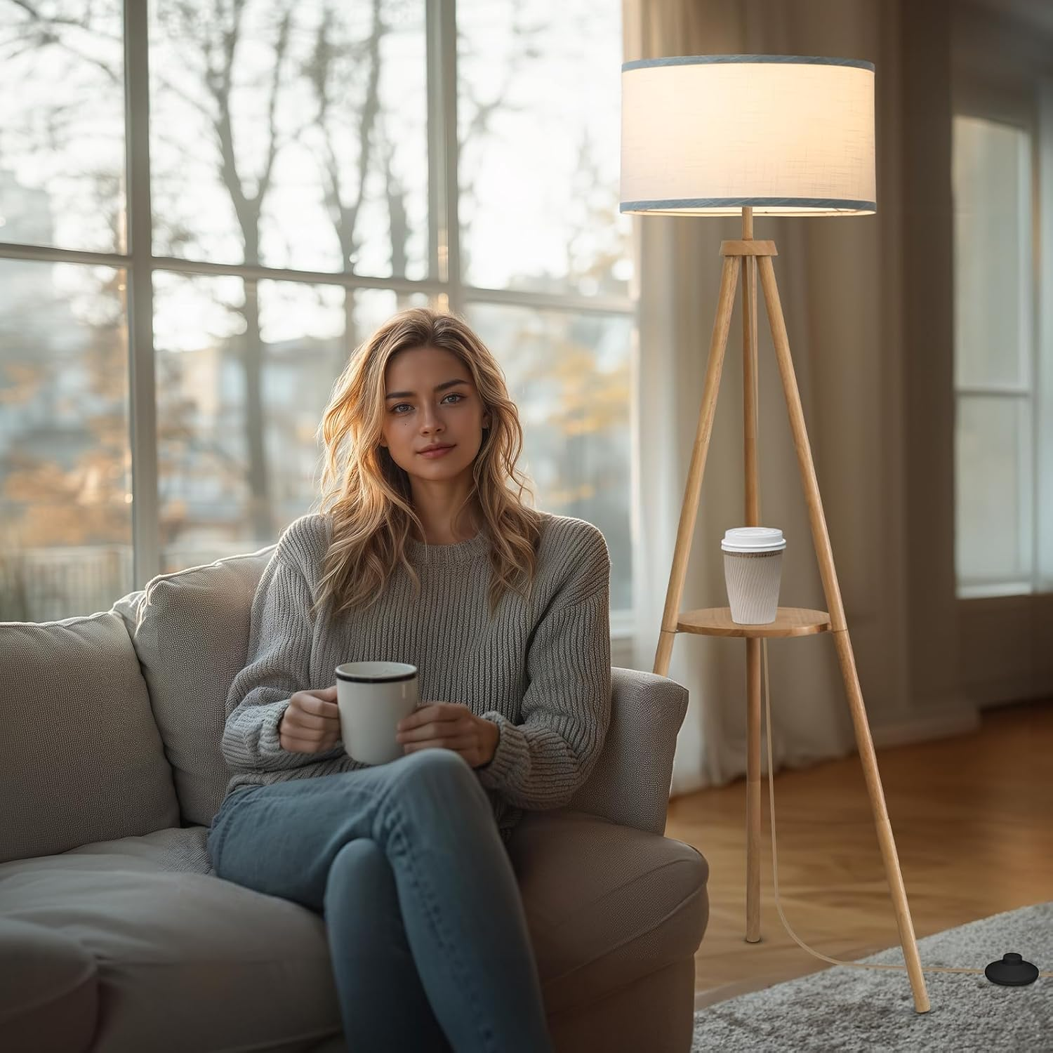 EOEYYOYB Floor Lamp with 3 Light Modes Adjustable&ndash; Wood Tripod Standing Lamp Modern LED Corner Light Lamp with Dimmable Brightness, Perfect for Living Room, Bedroom, and Office, Burlywood - Burlywood image number 2