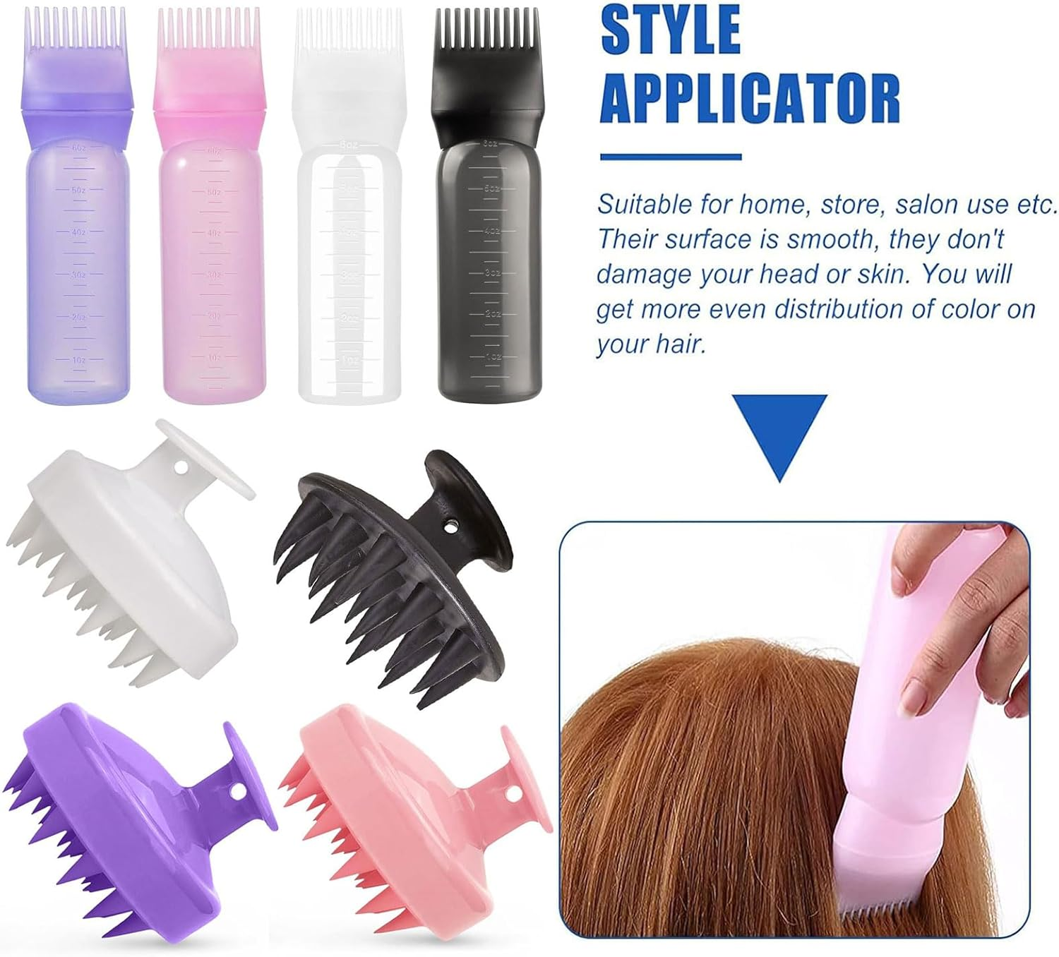 6 Oz Large Capacity Root Comb Applicator Bottle, Hair Dye Brushroot Comb Squeeze Applicator Bottles with Graduated Scale for Salon Hair Coloring Dyeing Scale for Home DIY Use. (White, 4 Pcs) image number 2