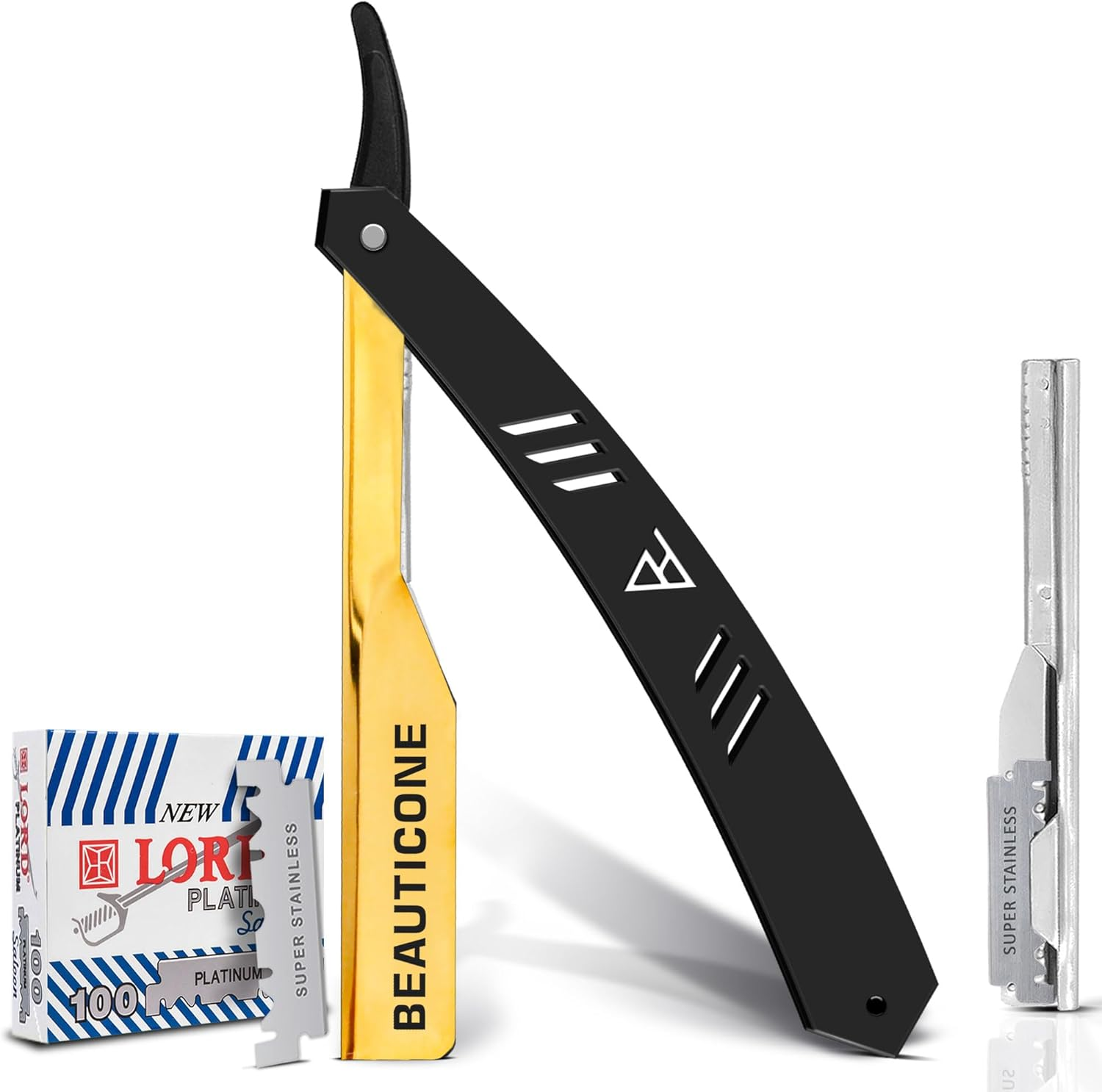 BEAUTICONE Professional Straight Razor for Men with 100 Single Edge Blades | Slide-Out Design (Black and Gold)
