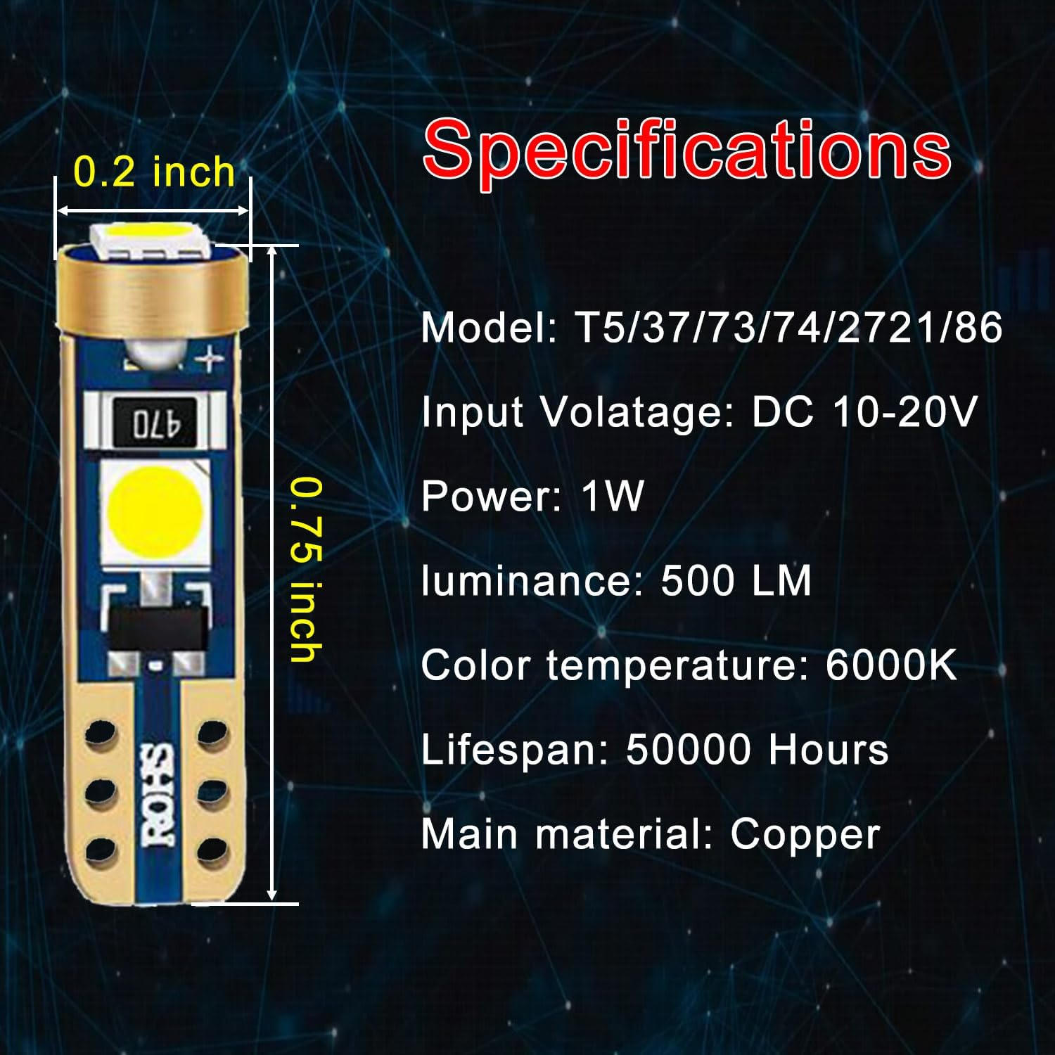 T5 Wedge 37 58 70 73 74 2721 LED Car Interior Instrument Panel Dashboard Cluster Gauge Glove Light Bulbs 6000K White 12V High Brightness Plug and Play No-Polarity, Pack of 10 - Red image number 2