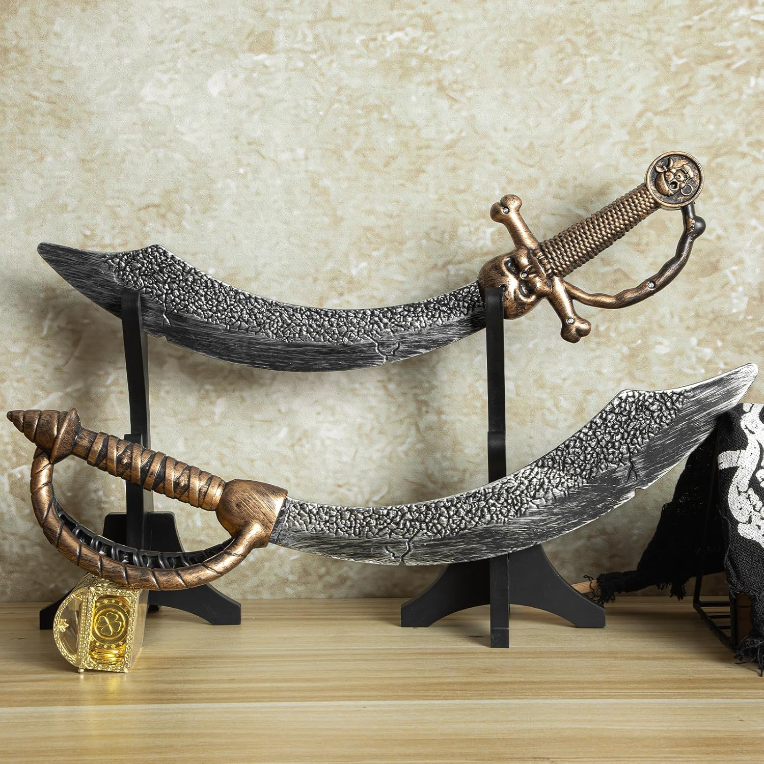 2Pcs Pirate Sword,18" Plastic Toy Sword for Kids,Pirate Costume Accessories for Adult Halloween Cosplay,Party Dress-Up Brown image number 3