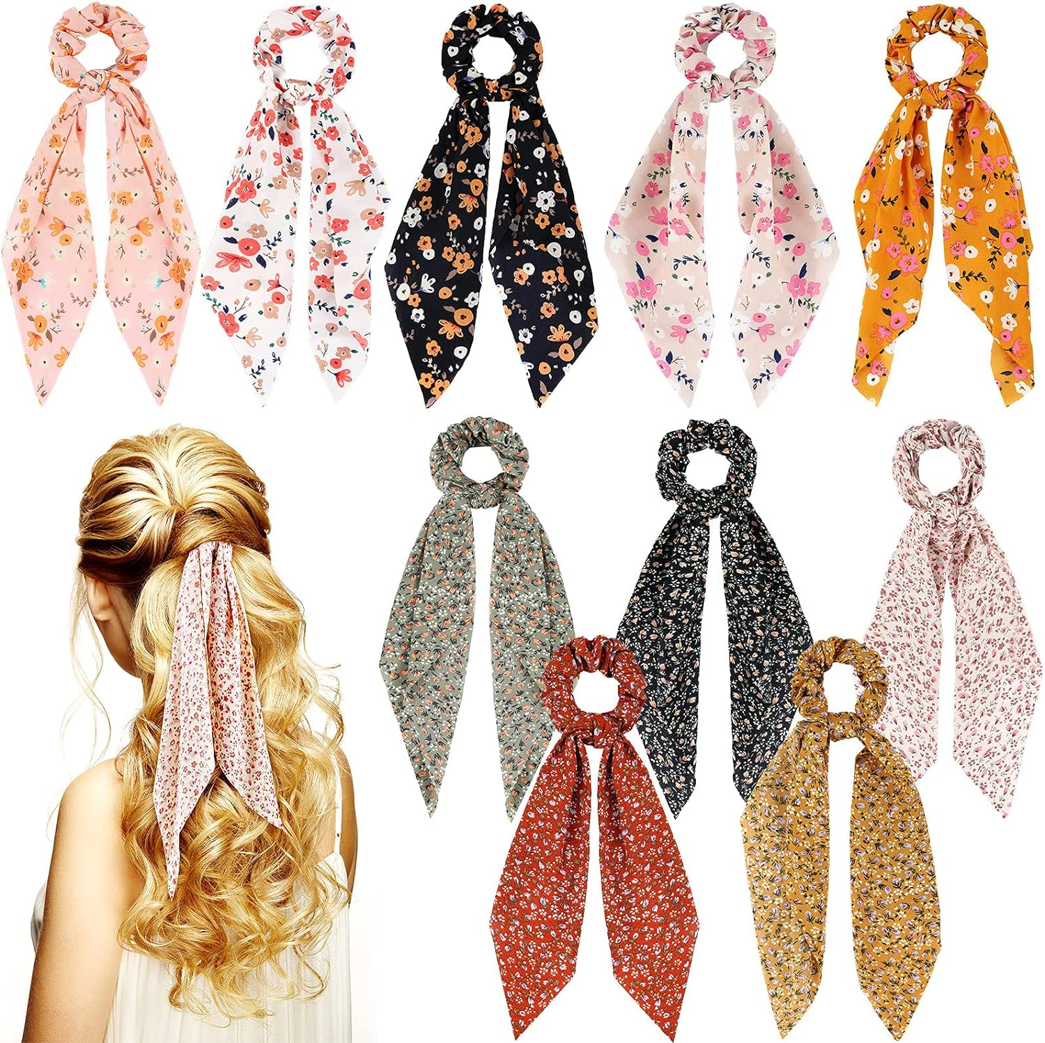Chuangdi 10 Pcs Hair Scrunchies Hair Scarf with Ribbon Bunny Ears Chiffon Floral Bow Ponytail Holder Boho Elastic Floral Ropes 2 in 1 Vintage Accessories for Women (Ditsy Print) image number 6