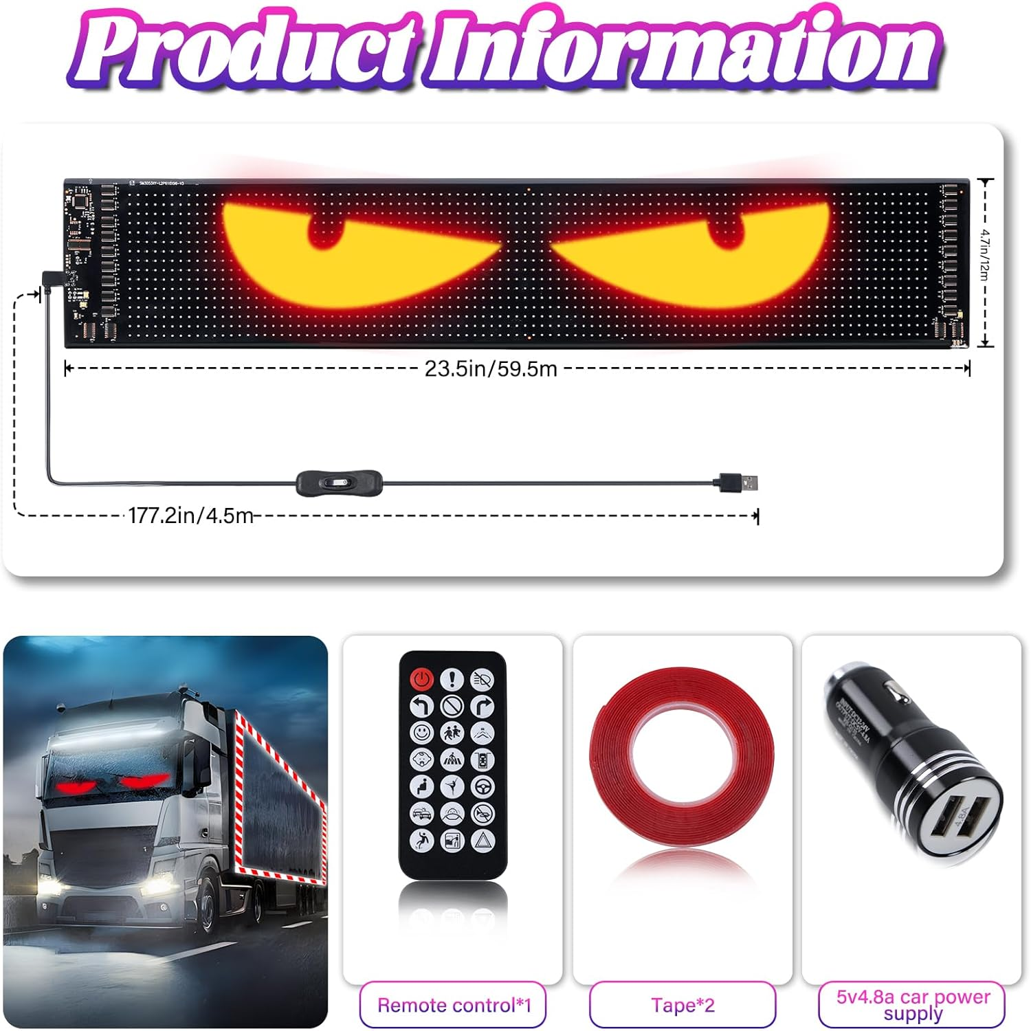 Devil Eyes Light for Car Windshield - 23.4"X4.7" Programmable RGB Accent Lights with APP Control, Custom Text & Music Sync - Easy Install Waterproof Warning Lights for Car, SUV, Truck (2-Pack) image number 6