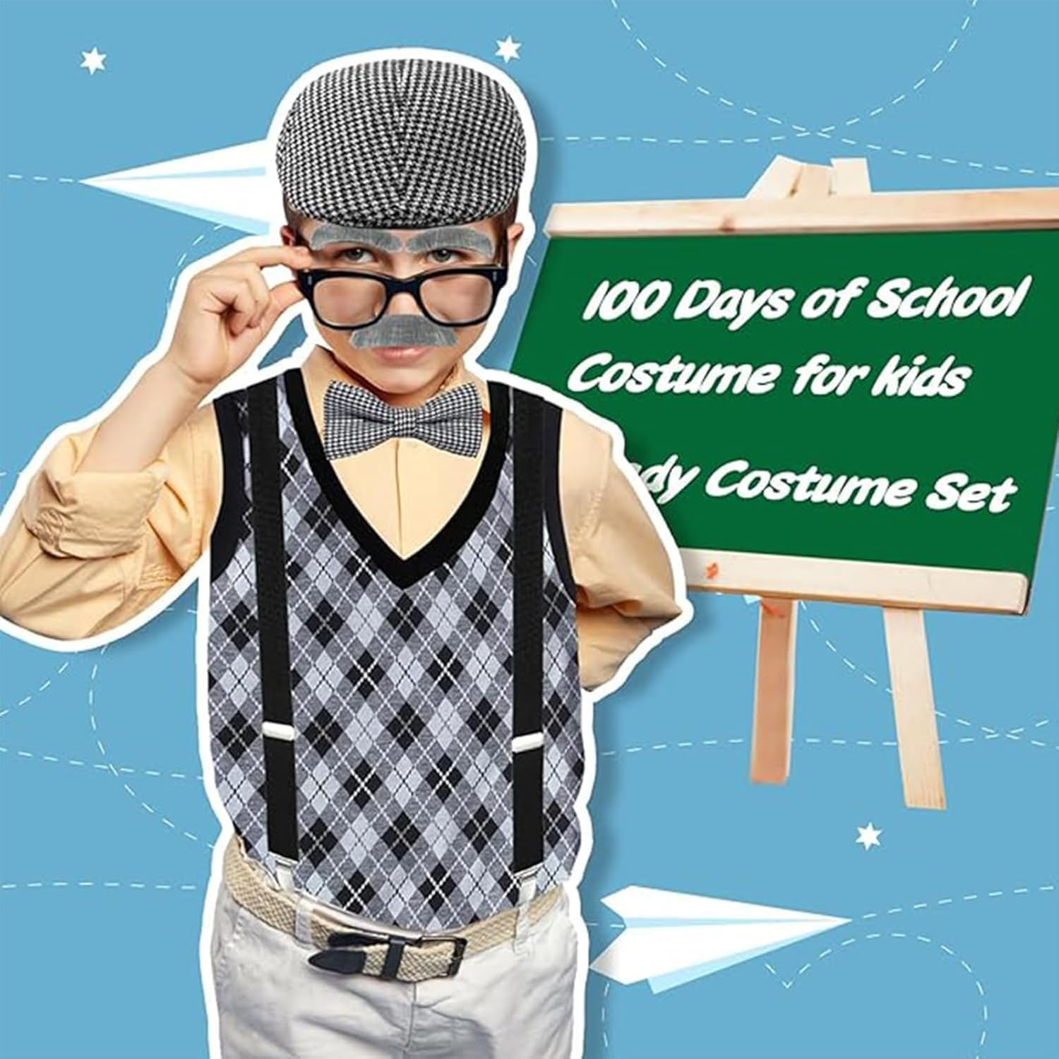 Kids 100 Days School Old Grandpa Man Costumes Set for Kids Teenagers Halloween Cosplay, School Stage Play, Christmas Dress up Outfit Accessories image number 3
