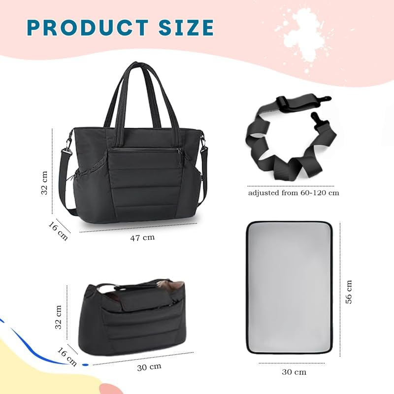 3-Piece Quilted Diaper Bag Set with Changing Mat, Large Capacity Tote with Shoulder Strap, Black image number 3