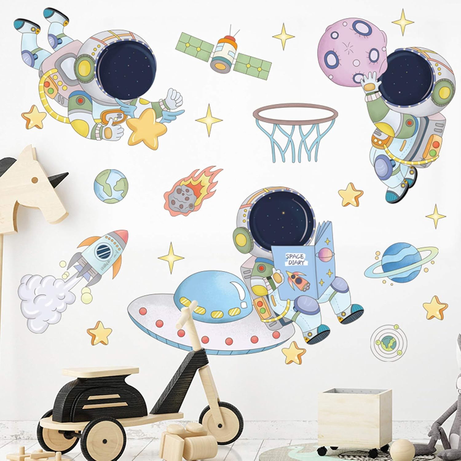 DILIBRA Astronaut Wall Stickers Planet Space Walk Spaceship DIY Art Vinyl Removable Murals Wall Decals, Cute Cartoon Spaceman Cosmonaut Art Wallpaper for Kids Boys Bedroom Playing Room - Astronaut3 image number 2