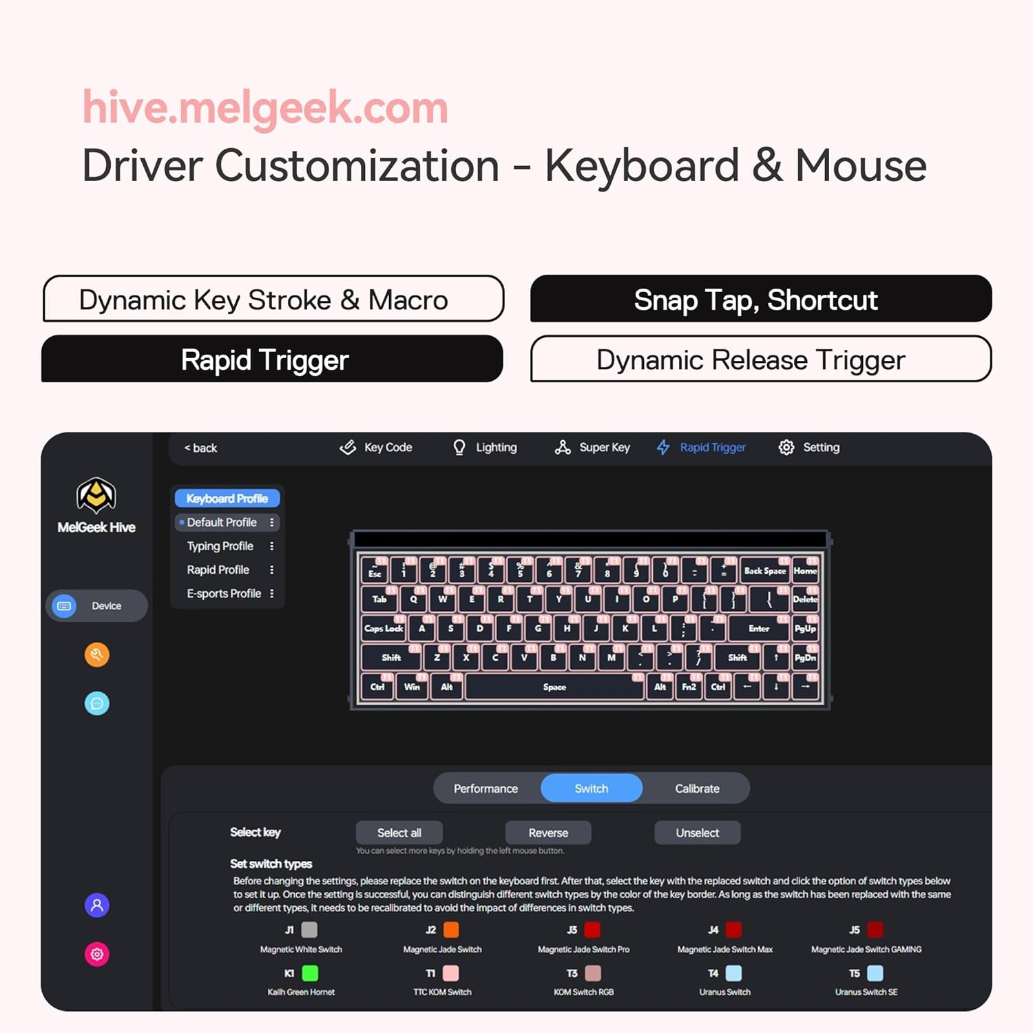 Melgeek MADE68 Pro Wired Keyboard, Hall Effect Magnetic Switch Gaming Keyboard, 65% Compact Rapid Trigger, Hot-Swappable, RGB Snap Tap & Adjustable Actuation, Online HIVE Custom (Pink) image number 2