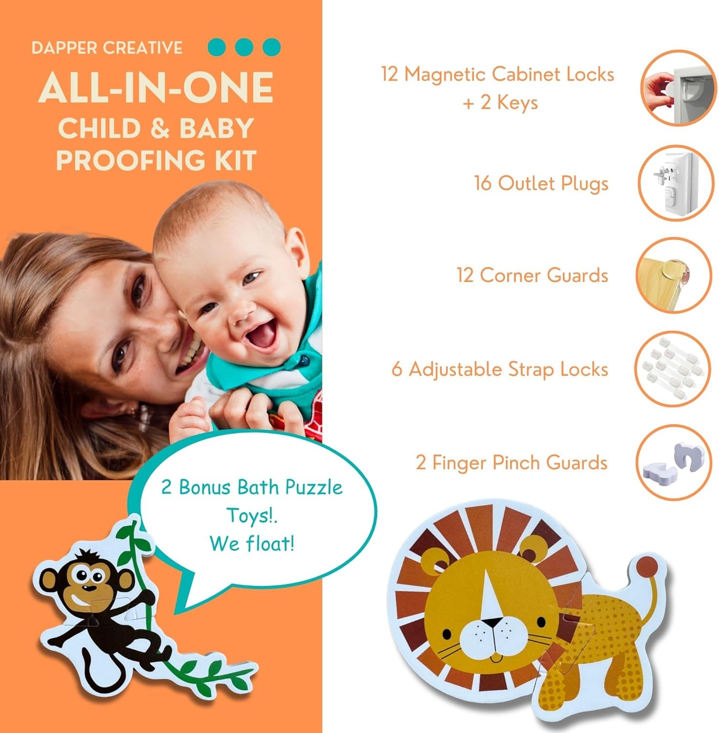 Baby Proofing Kit 67Pcs All in One Includes Magnetic Cabinet Locks for Baby Proofing, Corner Bumper Protectors, Child Safety Strap Locks, Power Point Outlet Covers, Finger Pinch Guards & Bath Toys image number 2