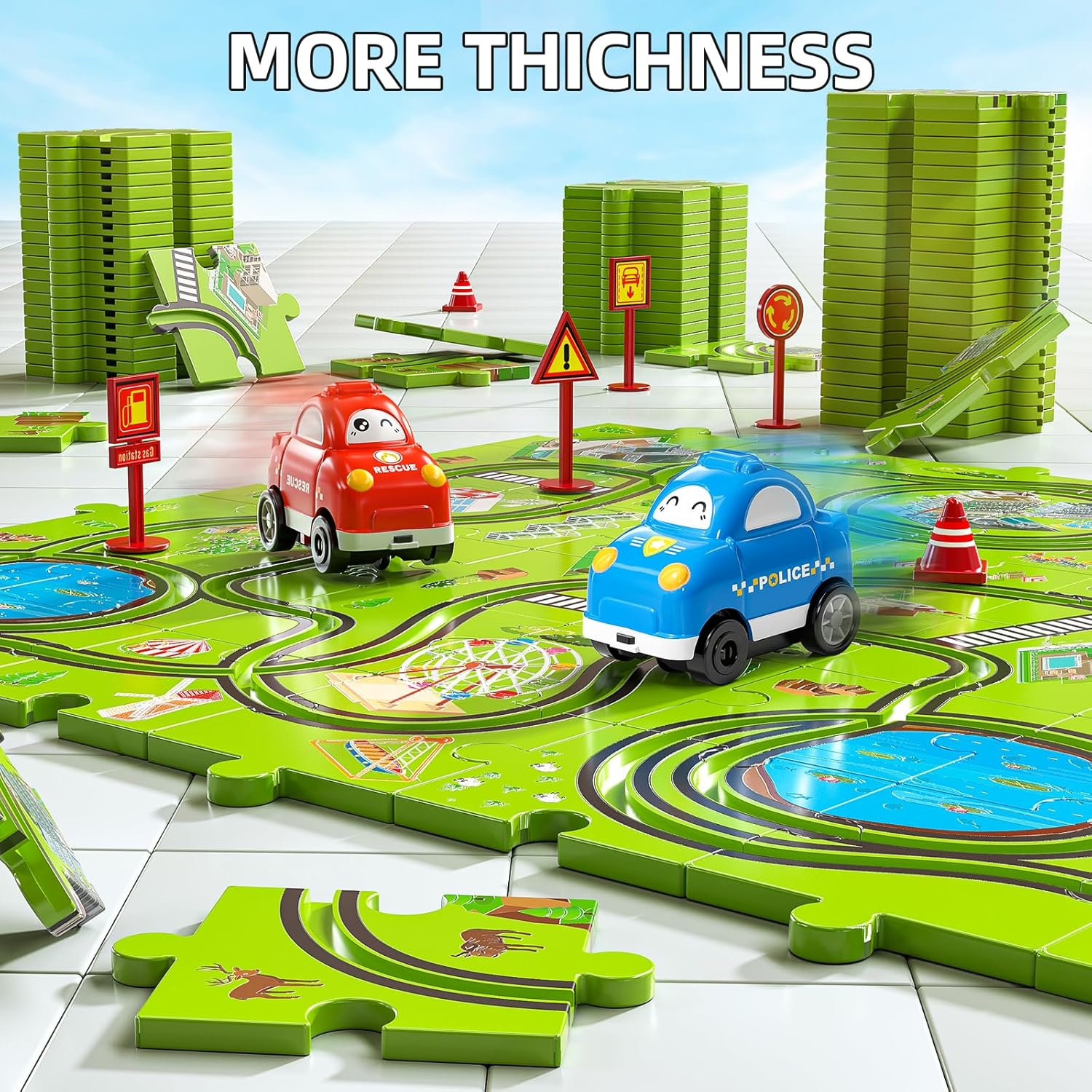 JUKUDAHU 48 Pieces Puzzle Race Track Car Set Toys for 3 4 5 6 Year Old Boys, City Themed Playset for Kids Ages 3-5 with 2 Small Toy Cars, Indoor Boys Girls Birthday Gifts for Toddlers 1-3 3-5 4-8 image number 5