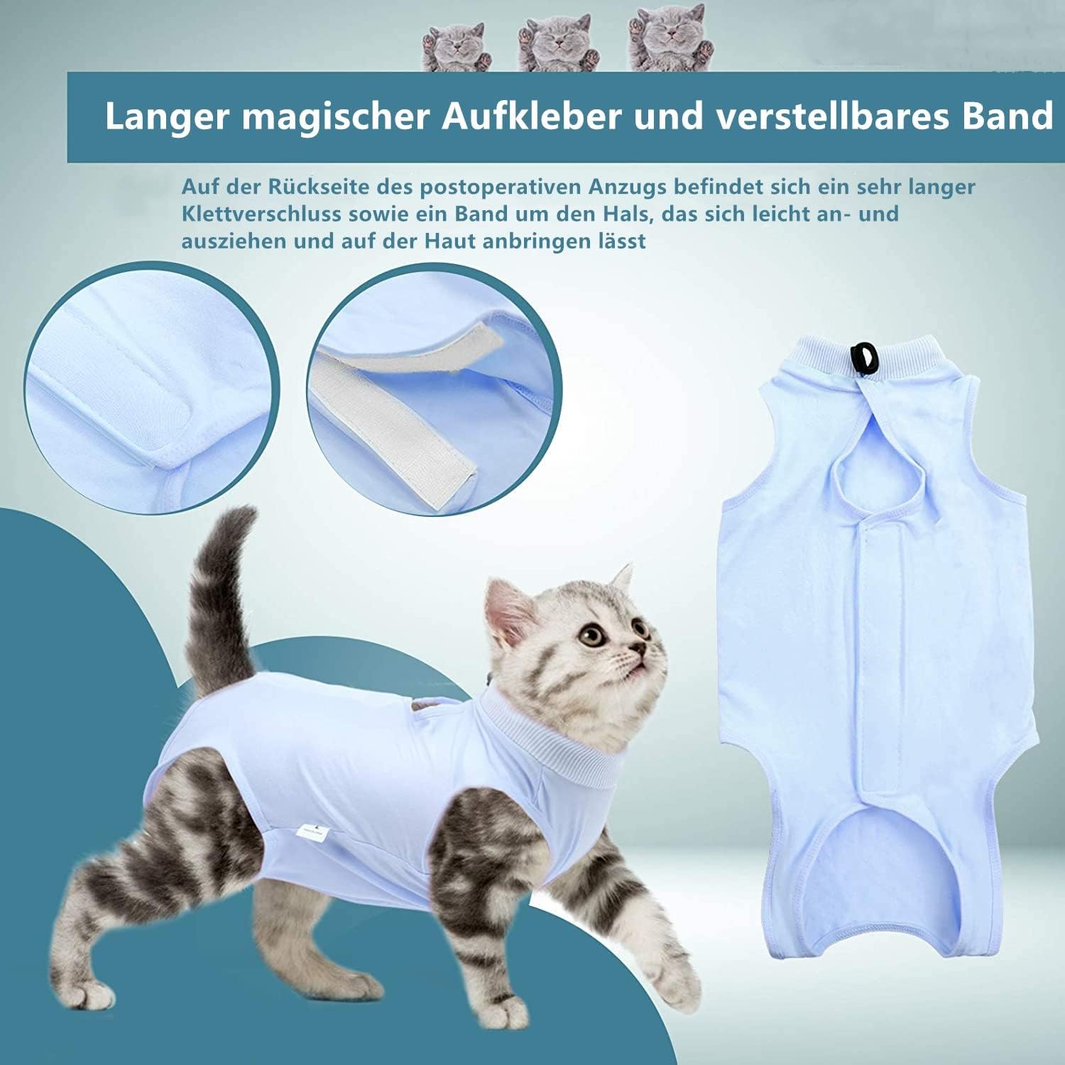 Voarge Recovery Suit Cat, Cat Bodysuit after Op, Anti-Licking, Prevent Licking after Surgery, Weaning and Keep Warm Recovery Cloth Suit for Cats Dogs (M, Blue) image number 7