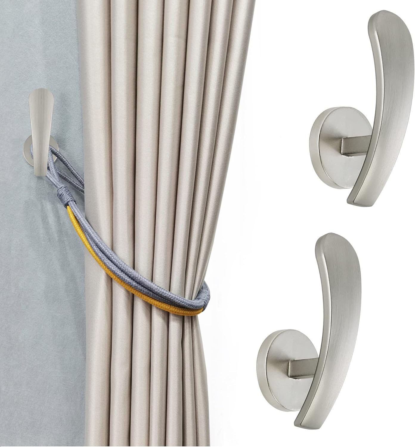 Curtain Holdback, 2Pcs Wall Mounted Drapery Tiebacks with Screws, Decorative Drapery Metal Hook Wall Hanger, Silver - Black image number 5