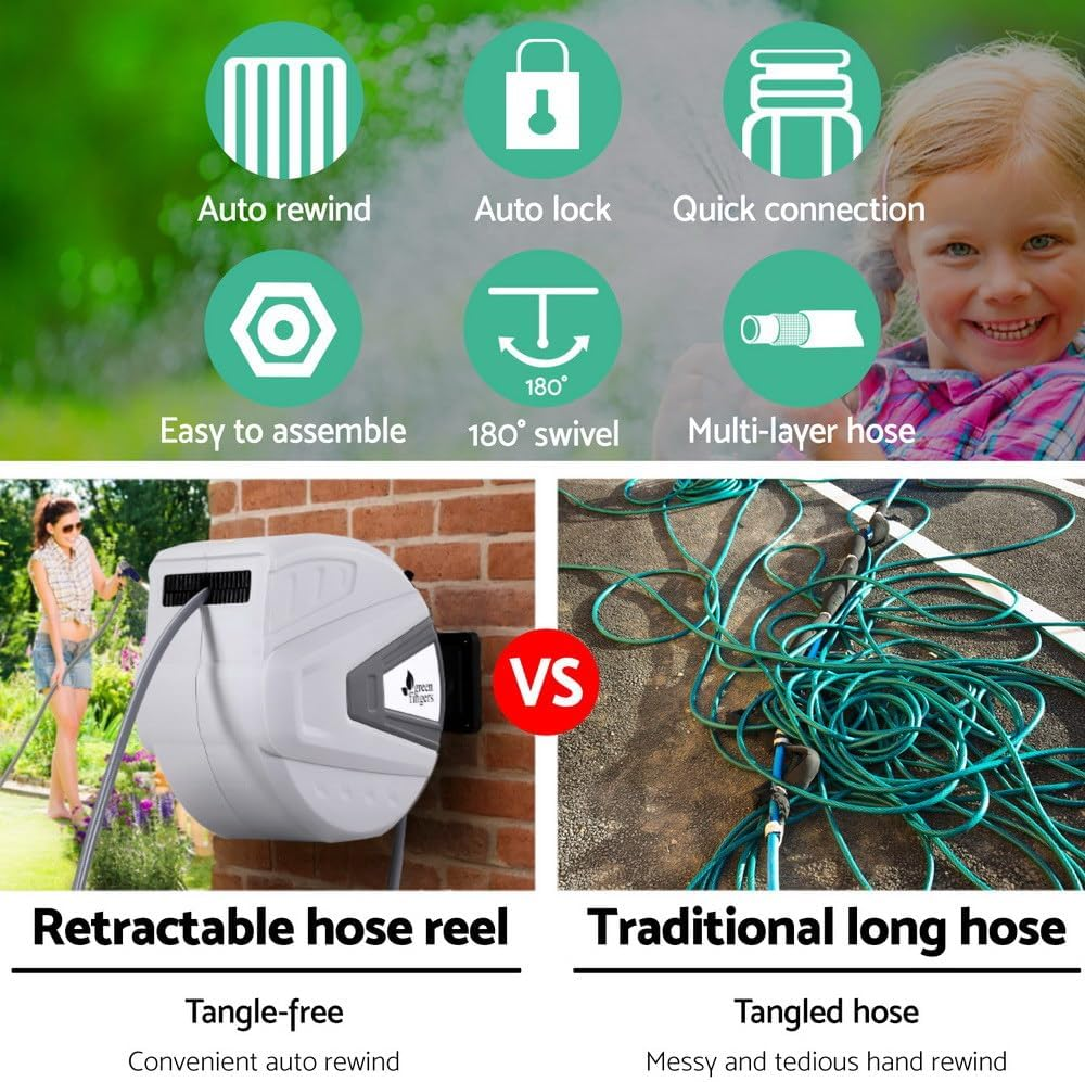 Green Fingers 30M Water Hose Reel Retractable Auto Rewind Wall-Mounted Spray Gun