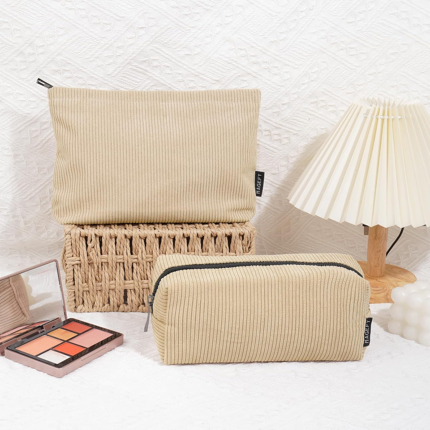MAGEFY 2 Pcs Makeup Bags for Women, Corduroy Make up Bag for Purse Travel Makeup Bag Small Cosmetic Bags with Zipper Makeup Pouch for Travelling(Beige) - Green image number 3