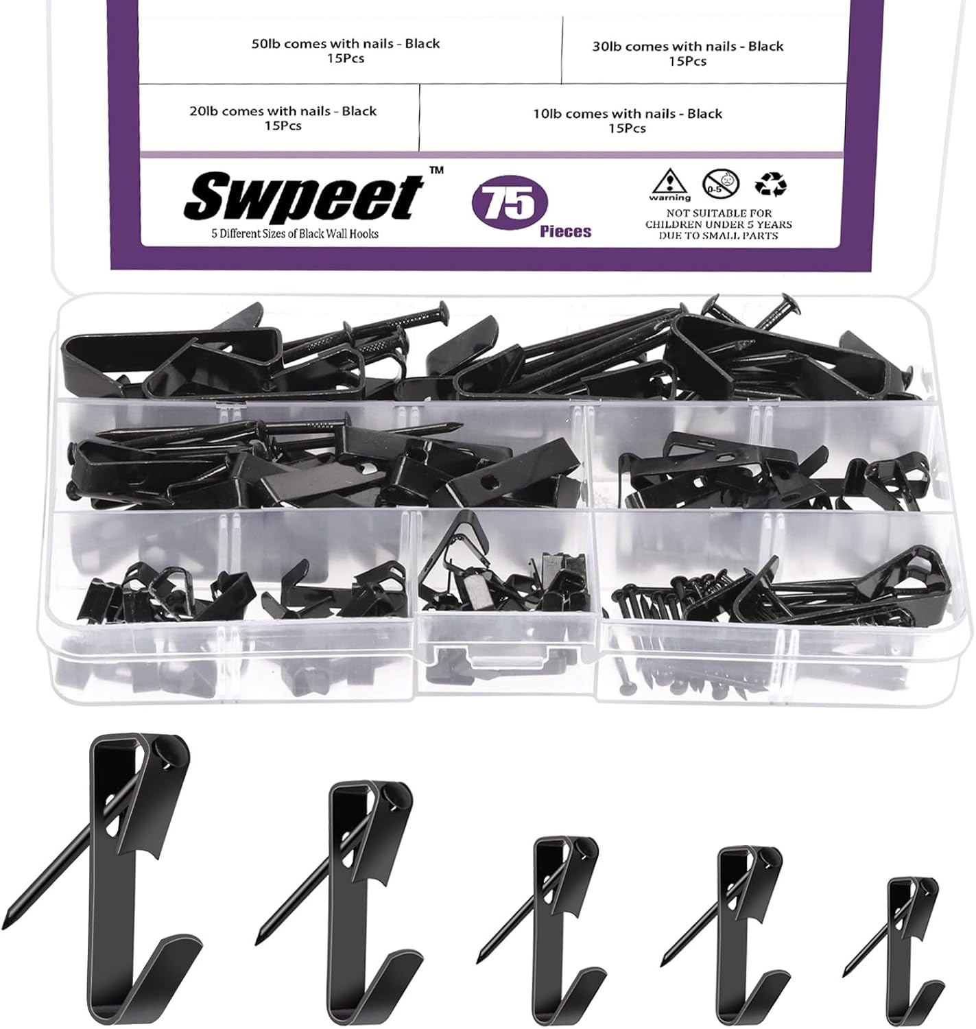 Swpeet 75Pcs 5 Sizes 10Lb/20Lb/30Lb/50Lb/100Lb Golden Picture Hangers with Nails Assortment Kit, Metal Picture Hanging Hooks, Heavy Duty Frame Picture Hooks, Picture Hanging Hardware for Drywall