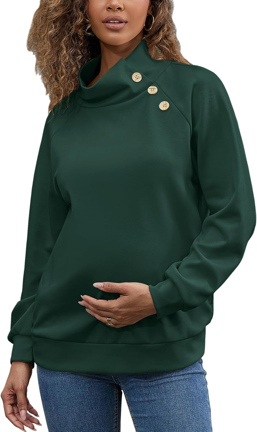 Maternity Turtleneck Sweatshirt for Women Buttons Pullover Shirts Long Sleeve Tops as Clothing with Side Pockets image number 5