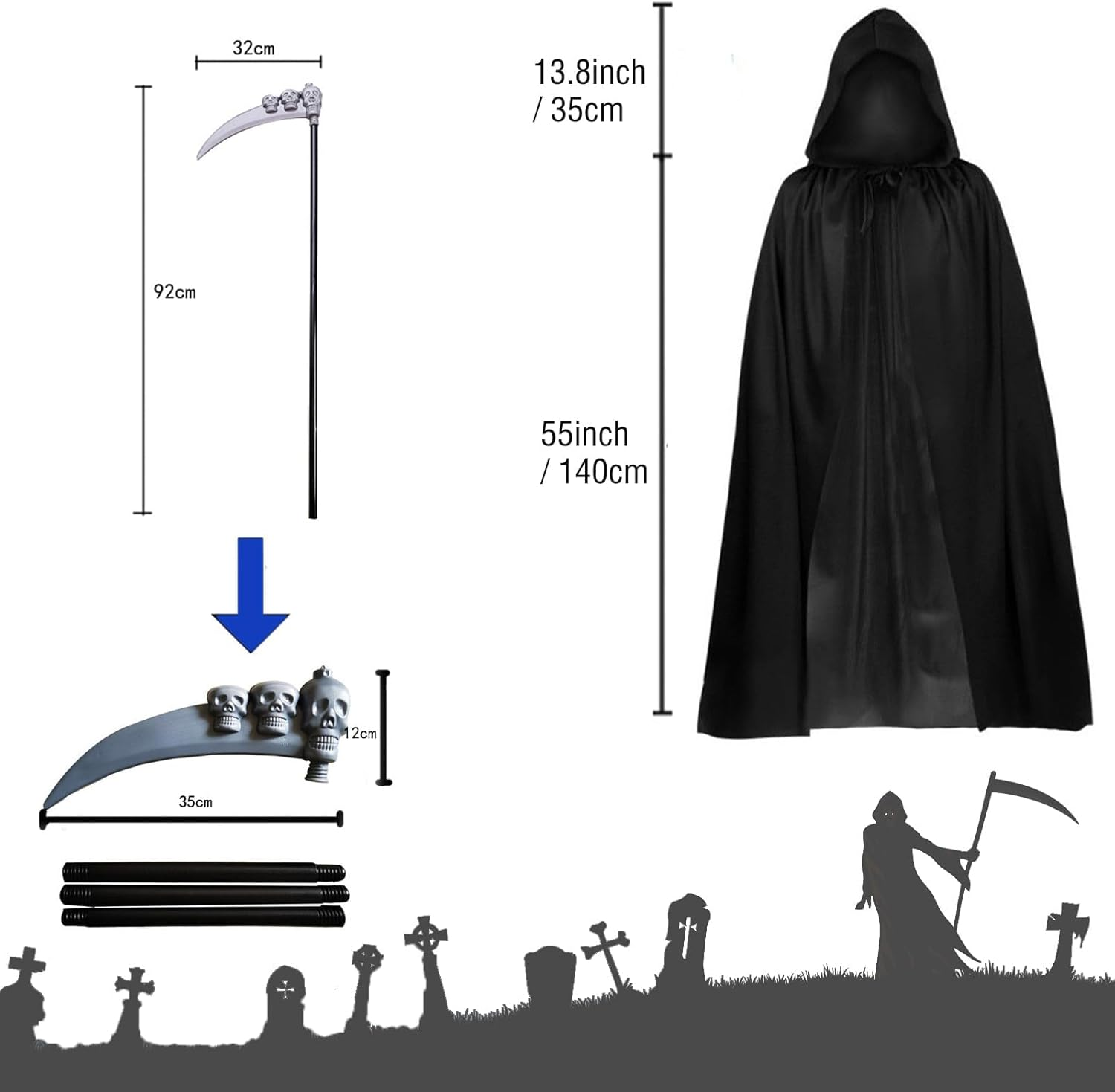 4 Piece Grim Reaper Costume Adult, Black Hooded Cloak Duty Ghost Mask Skeleton Gloves Scythe Vampire Scary Halloween Costume Fancy Dress image number 4