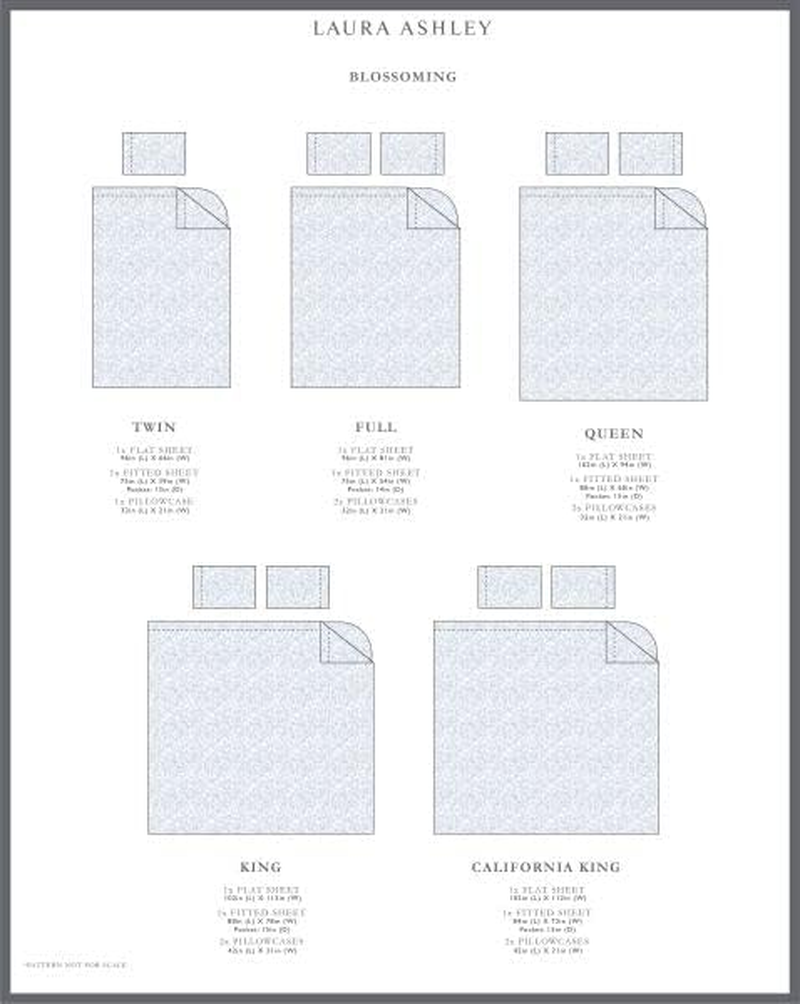 Laura Ashley - Full Sheets, Soft Sateen Cotton Bedding Set - Sleek, Smooth, & Breathable Home Decor, Dorm Room Essentials (Blossoming Blue, Full)