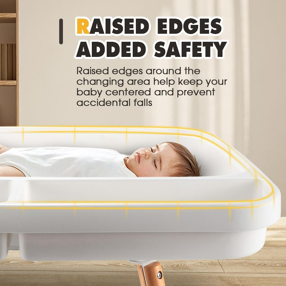 Playpals Baby Changing Table with Wheels, Adjustable Height Diaper Changing Station with Waterproof PU Pad & Storage Organizer, Beech Wood Mobile Nursery Change Table for Newborn & Infant