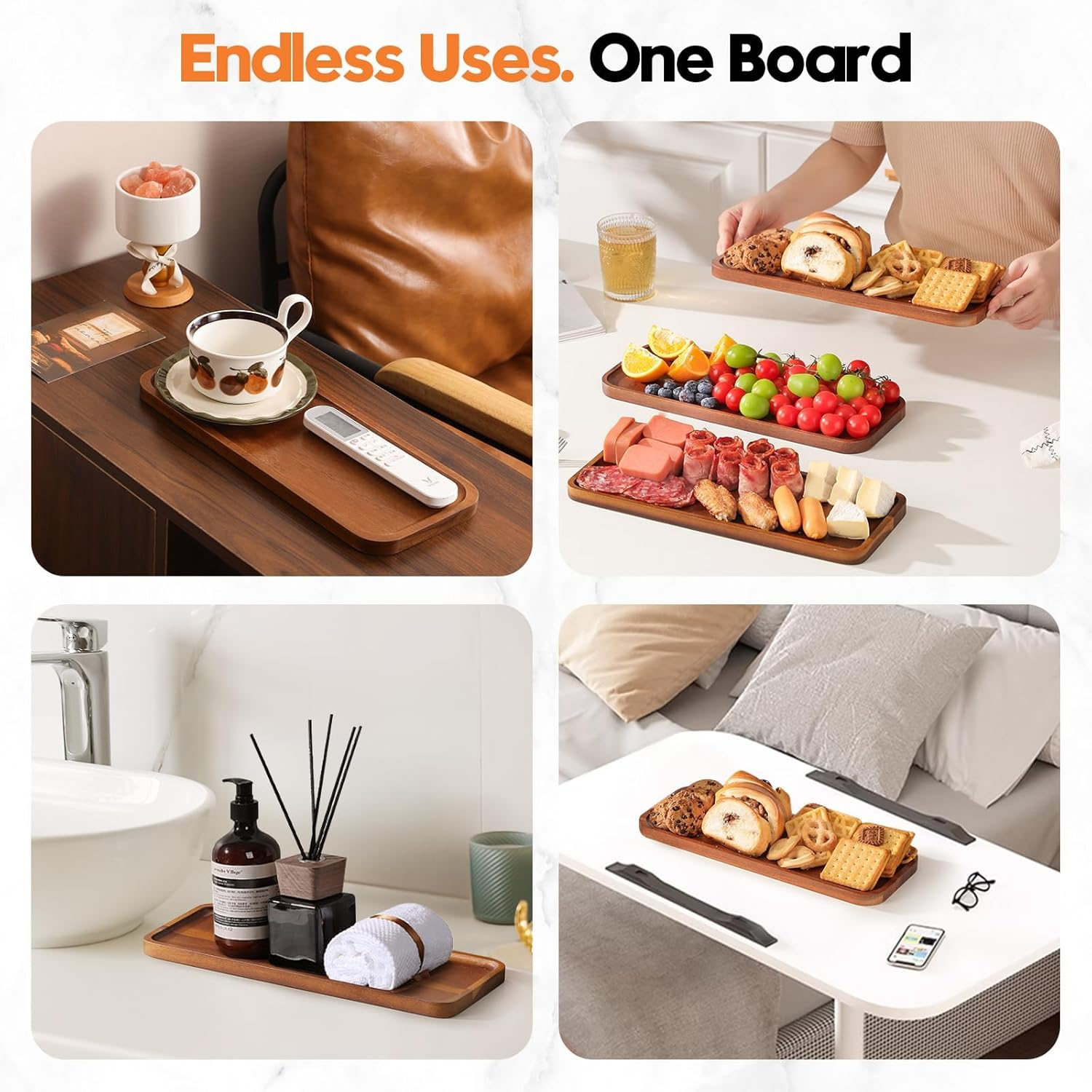 Solid Acacia Wood Serving Trays and Platters - Wooden Mini Charcuterie Boards, Rectangle Small Cheese Board for Food, Bathroom, Home Decor, Kitchen Counter, (25.5X14 CM, 1 Pack) K01 image number 4