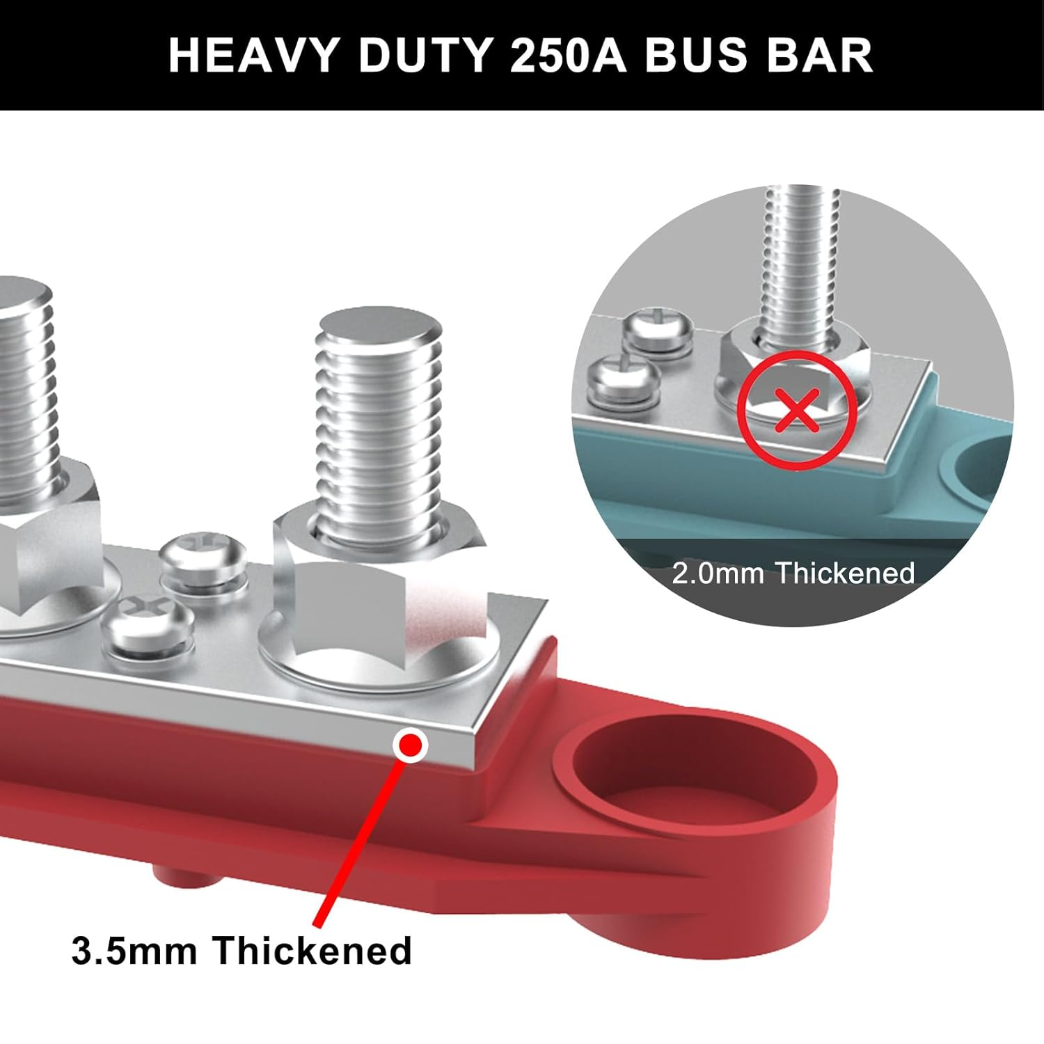 Upgraded Bus Bar 250A 12V Power Distribution Block with 3/8" (M10) 4-Posts Terminals Block with Cover for Automotive, Marine, Battery System(Black & Red) image number 2