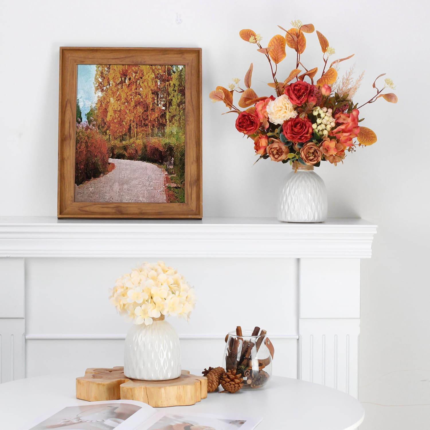 Artificial Fall Floral Arrangement with Orange Leaves and Red Roses in White Ceramic Vase, Autumn Home Decor (Orange Leaves + Ceramic Vase) - Orange Leaves + Ceramic Vase image number 4