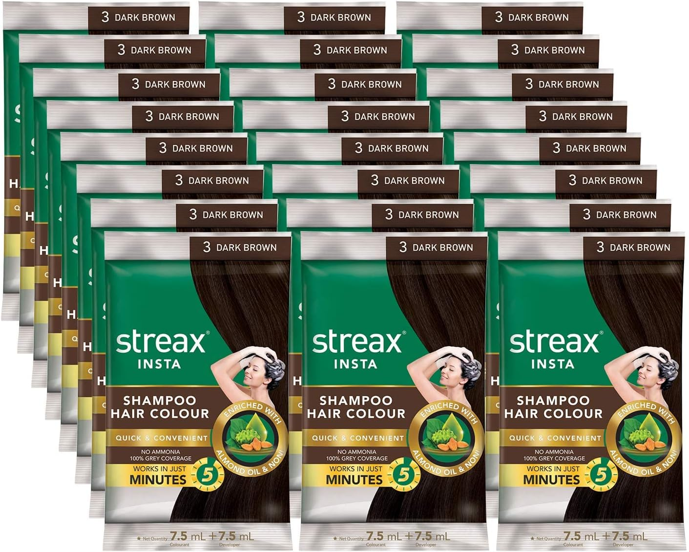 Streax Insta Shampoo Hair Colour for Men & Women | Enriched with Almond Oil & Noni Extracts | Long-Lasting Instant Colour | Dark Brown, 15 Ml (Pack of 24)