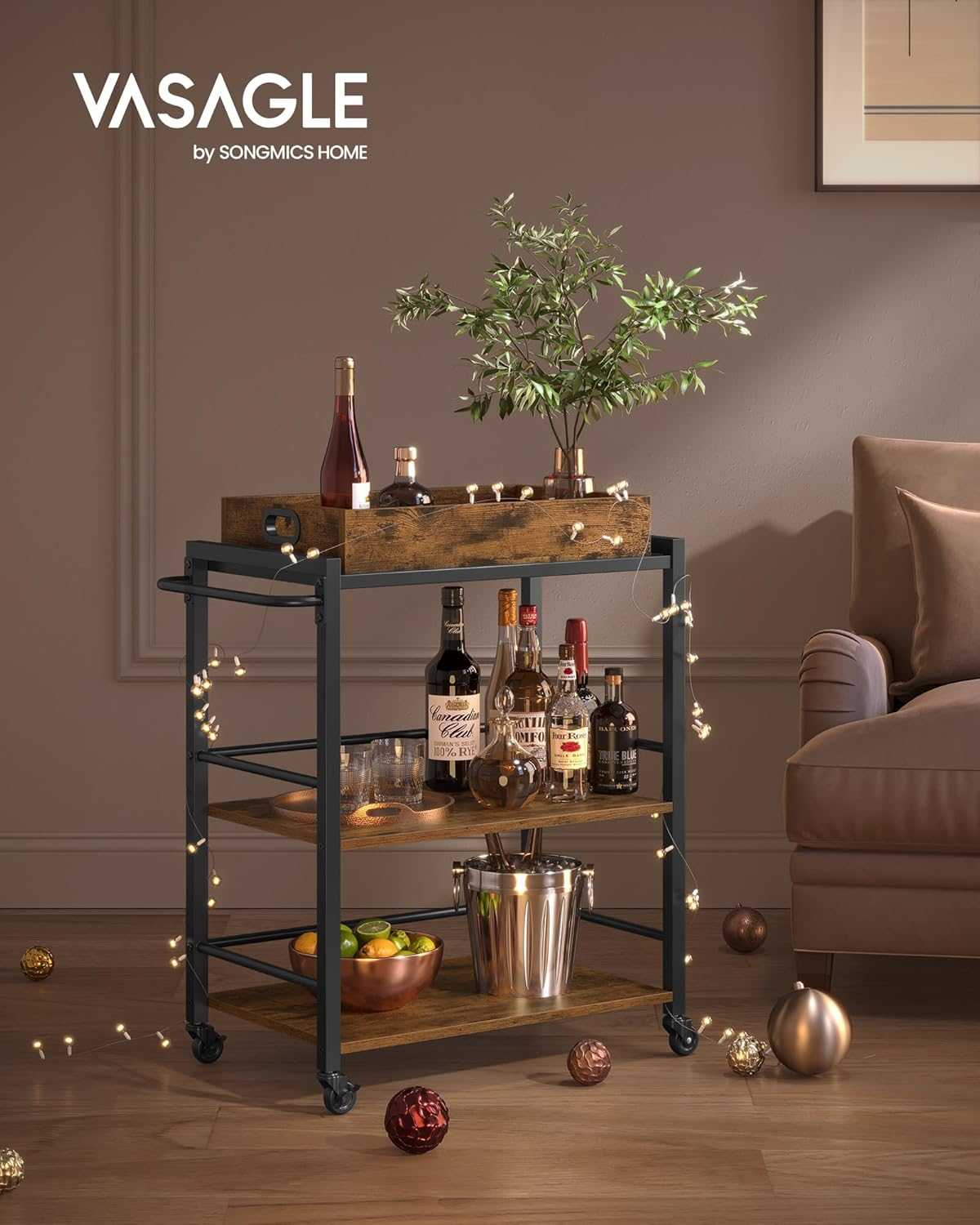 VASAGLE Industrial Bar Cart for the Home, Serving Cart with Wheels and Handle, 3-Tier Beverage Cart with Removable Tray and Storage Shelves for Living Room Kitchen, Rustic Brown and Black ULRC72X