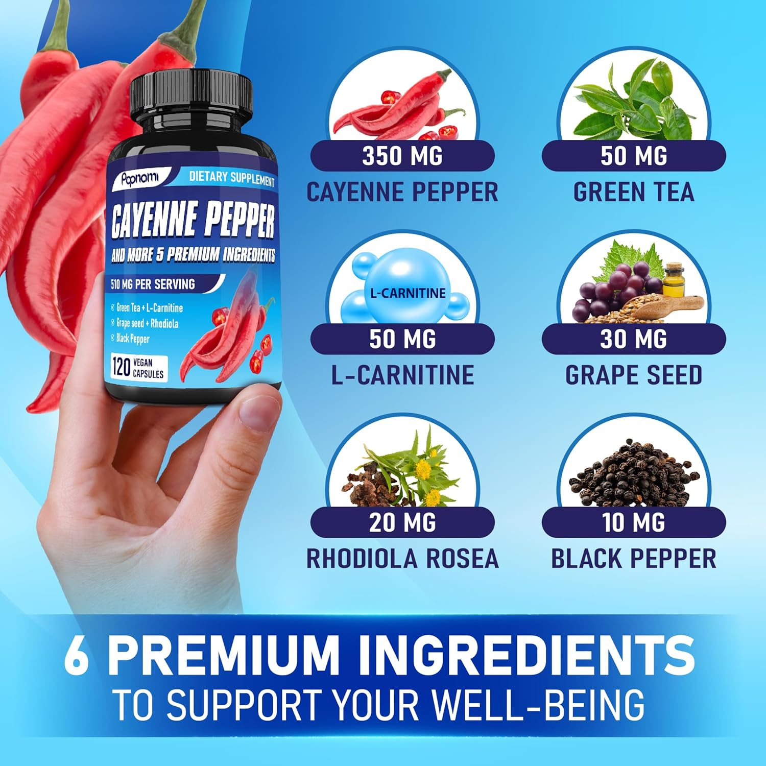 6In1 Cayenne Pepper Capsules - Blended with Green Tea, L-Carnitine, Grape Seed, Rhodiola & Black Pepper | 120 Count image number 6