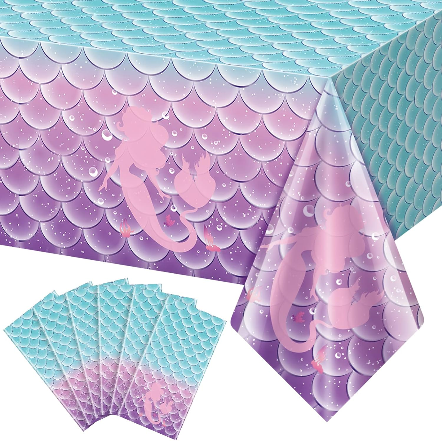 Jectivs 6Pcs Mermaid Birthday Party Tablecloth Decorations,Disposable Plastic Table Cover for Princess under the Sea Baby Shower Themed Kids Birthday Party Supplies,108X54 Inch image number 4