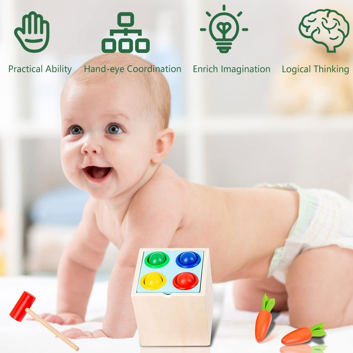 Montessori Wooden Toys with Object Permanence Box Multifunctional Coin Drop Toy for Preschool Kids Colorful Carrot Harvest Toy Early Educational Learning Shape Sorting Toy for Toddlers over 1 Year image number 2