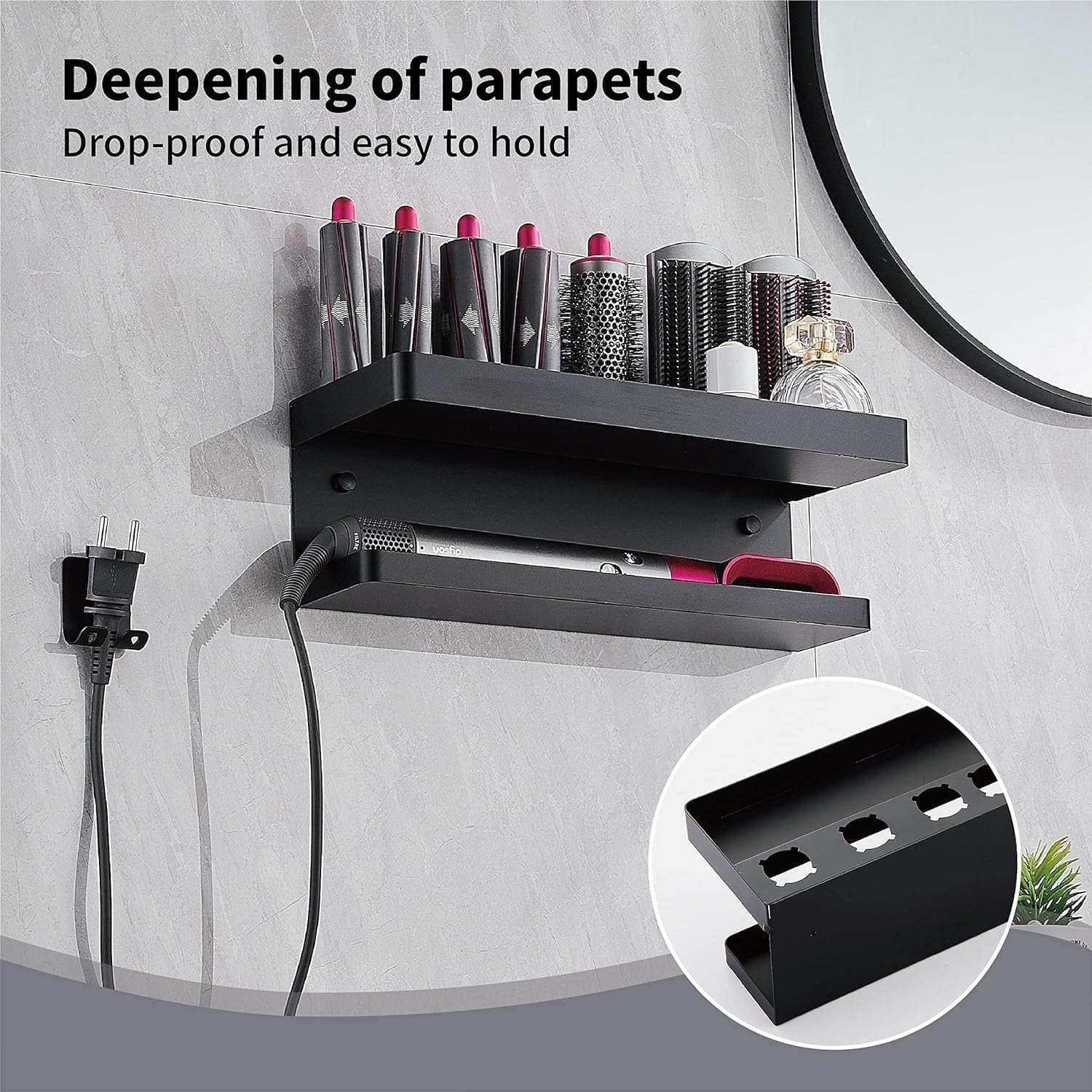 Wall Mounted Storage Holder for Dy Son SS304, Airwrap Curling Iron Accessories Wall Mounted Rack Bracket Stand for Dy Son SS304, for Bathroom Attachments Hair Dryer Organizer, 2 Layers (Black) image number 3