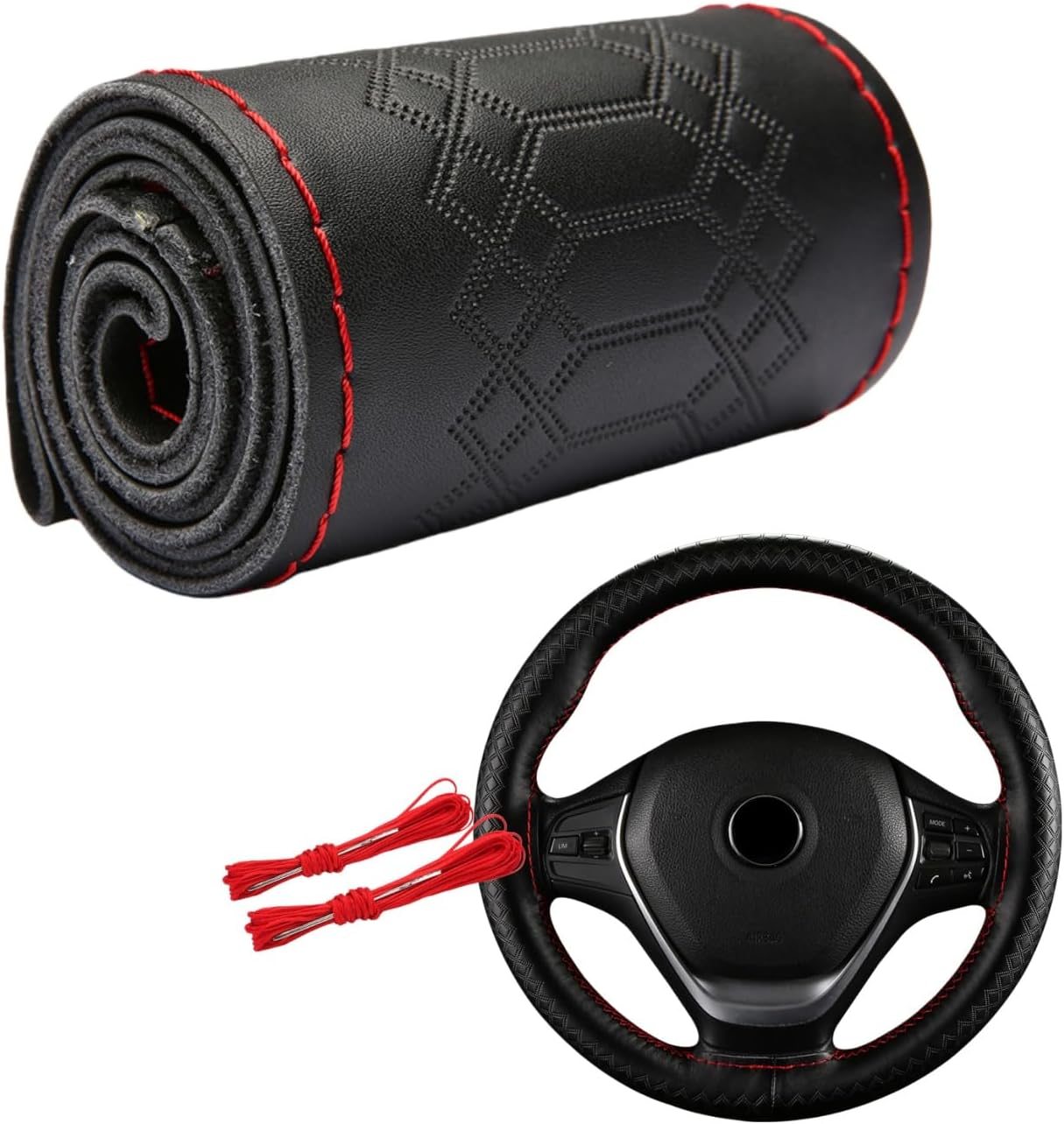 Universal Leather Steering Wheel Cover, Non-Slip Stitch on Wrap, DIY Car Wheel Cover Protector with Needle and Thread for Most Cars Suvs and Trucks