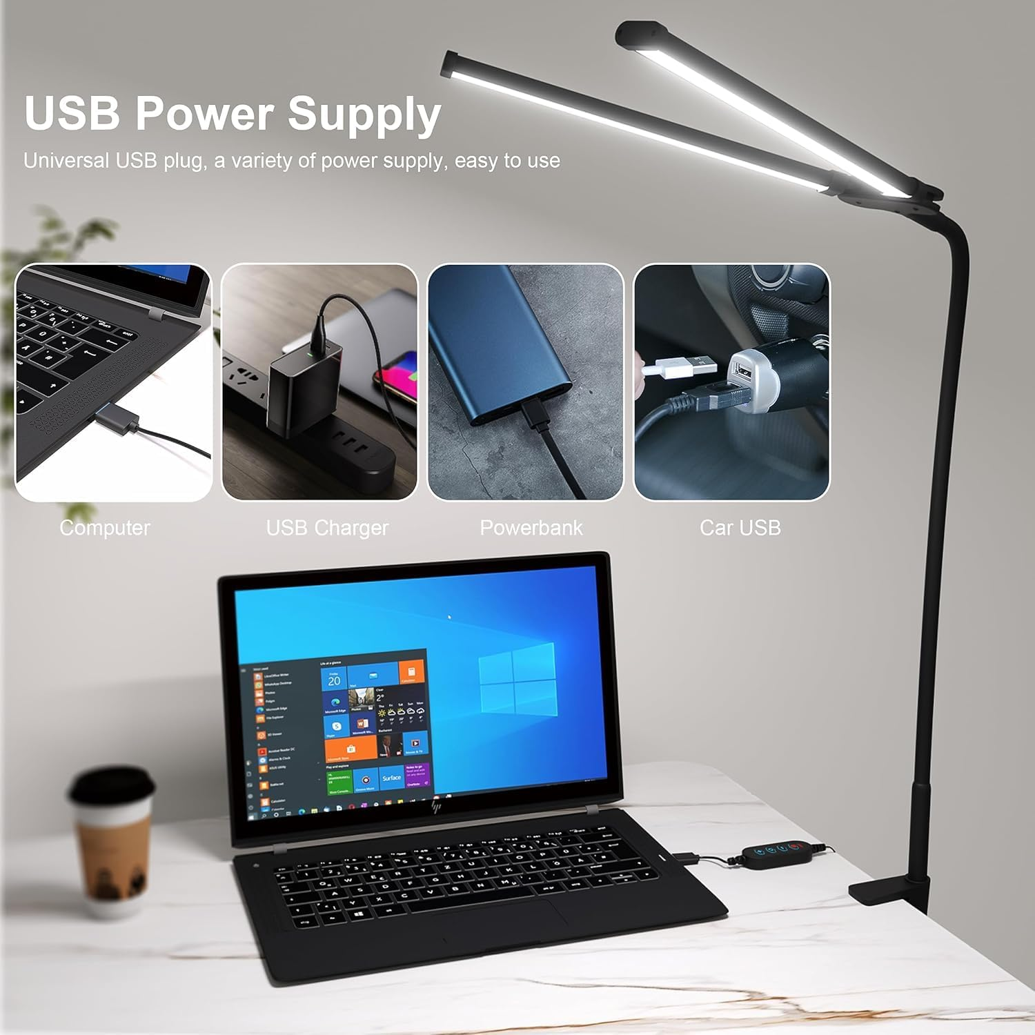 Adjustable LED Desk Lamp with USB Port &ndash; 12W Dual-Head Clamp Lamp, 3 Color Modes & 10 Brightness Levels &ndash; Eye-Caring Light for Office, Reading, Studying, Drafting, Sewing, Dorm Room image number 5