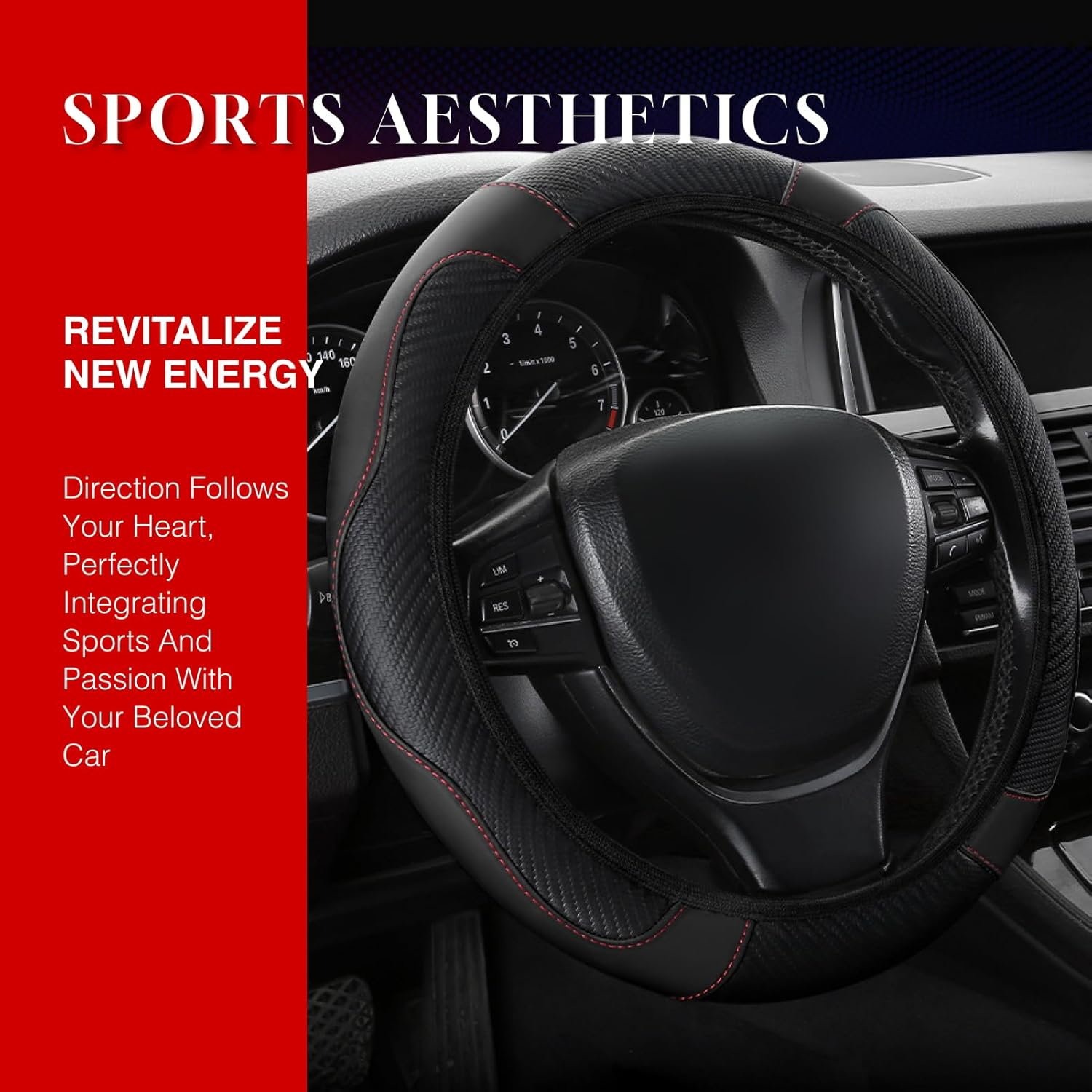 General Duty Car Steering Wheel Cover, Anti-Slip Microfiber Leather, Breathable Soft Full Surround Protection for 15 Inch Steering Wheels Perfect Fit, Durable, Sports Style, Black image number 2