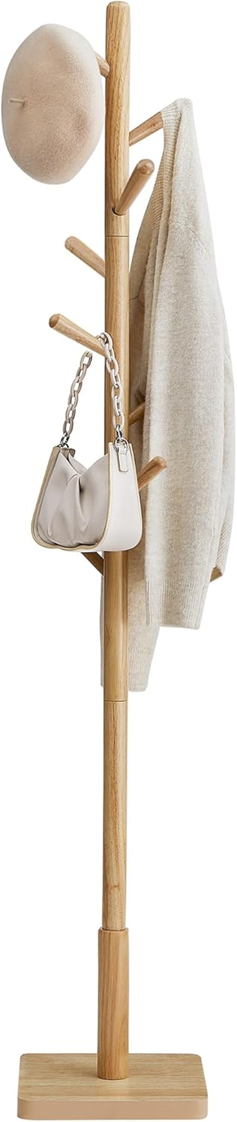 VASAGLE Coat Rack, Solid Wood Coat Stand, Freestanding Hall Tree, 8 Hooks, Natural Beige URCR010N01