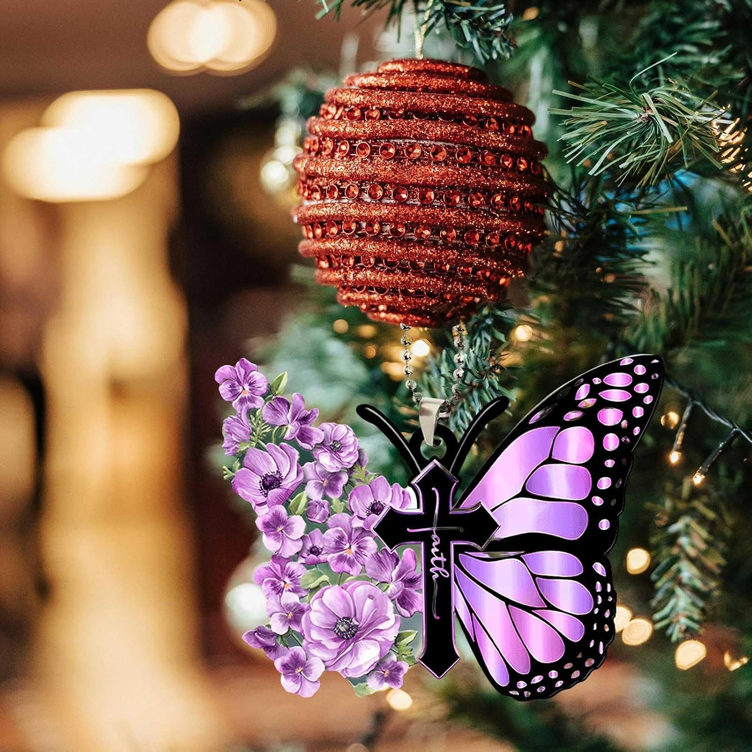 Twpribarn Butterfly Car Hanging Ornament, Hanging Charm Home Decoration Keepsake, Butterfly Car Accessories Pendant for Rear View Mirror Christmas Valentine'S Day Car Gifts for Men Women (Purple) - White image number 5