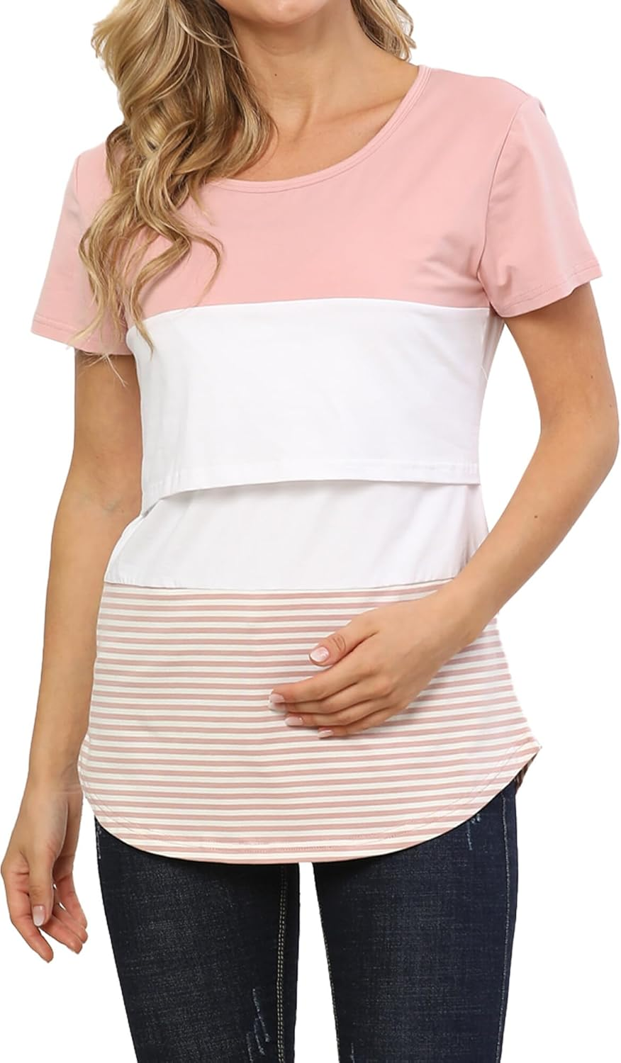 KEOYA Women'S Maternity Nursing Tops Double Layer Shirt for Breastfeeding Color Block Tee Shirt