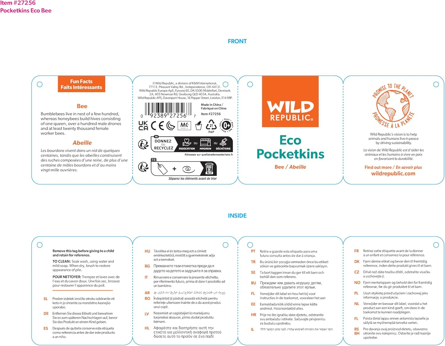 Wild Republic Pocketkins Eco Bee, Stuffed Animal, 5 Inches, Plush Toy, Made from Recycled Materials, Eco Friendly image number 1