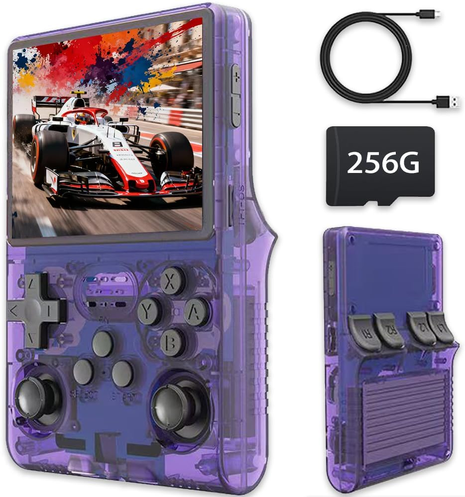 R40S Pro Retro Game Console,Portable Handheld Video Game Console ，3.5 Inch IPS Screen with 256G Card &30000+ Games,Built in 45 Emulators,3800Mah Battery (Purple)