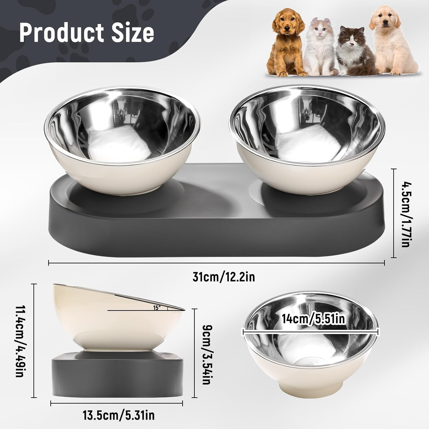 Marchul Stainless Steel Elevated Dog Food Bowls Set with Spill Proof Dish Mat, Raised Tilted Cat Bowl for Healthy Digestion, 1-Second Detachable & Dishwasher Safe image number 3