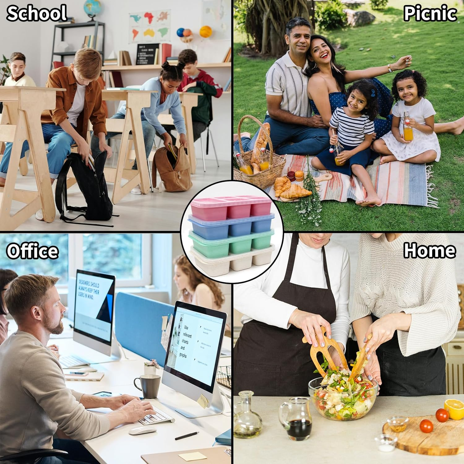 4 Pack Bento Box Set with Lid, 1000ML Lunch Box with 5 Compartments,Lunch Containers for Kids Adults, Divided Food Storage Containers for Work Travel School image number 3