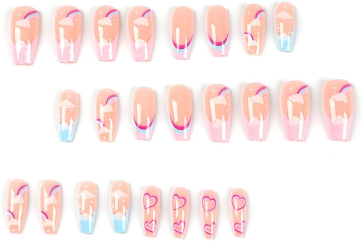 Pink Coffin Press on Nails 24 PCS Heart False Nails Glossy Long Fake Nails with Rainbow and Cloud Design Full Cover Art Tips for Women & Girls image number 4