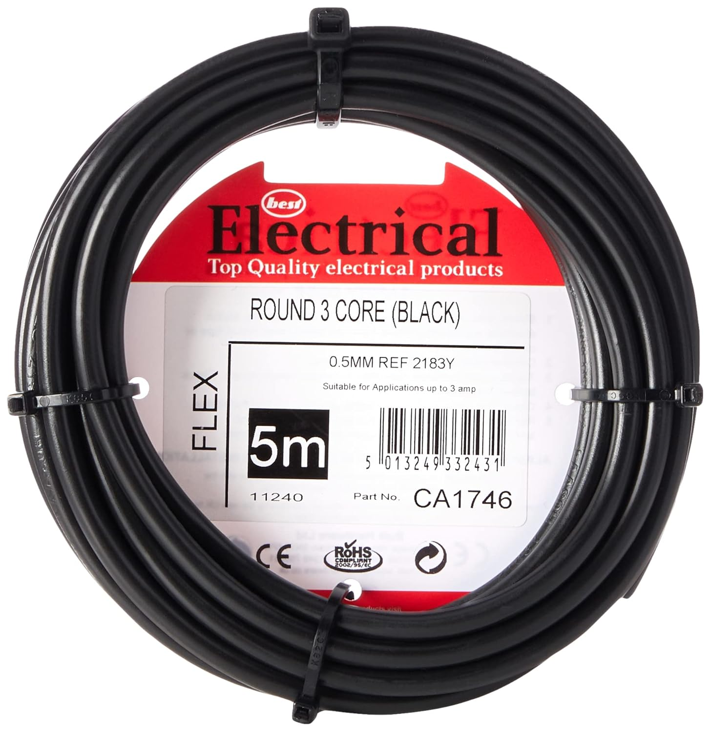 Bulk Hardware BH01494 0.5Mm 3 Core Cable 2183Y, 5 Metres, Black, White, 5 Metres image number 4