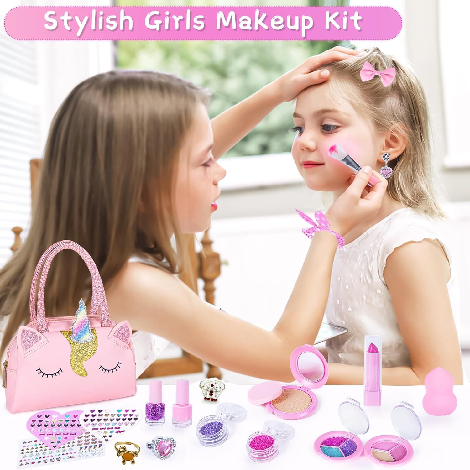 Kids Real Makeup Kit for Little Girls with Unicorn Purse - Non Toxic, Washable Make up Toy - Kids Pretend Play Set Vanity Birthday Gift for Ages 3 4 5 6 7 8 9 10 12 Years Old (Pink Soft Unicorn Bag)