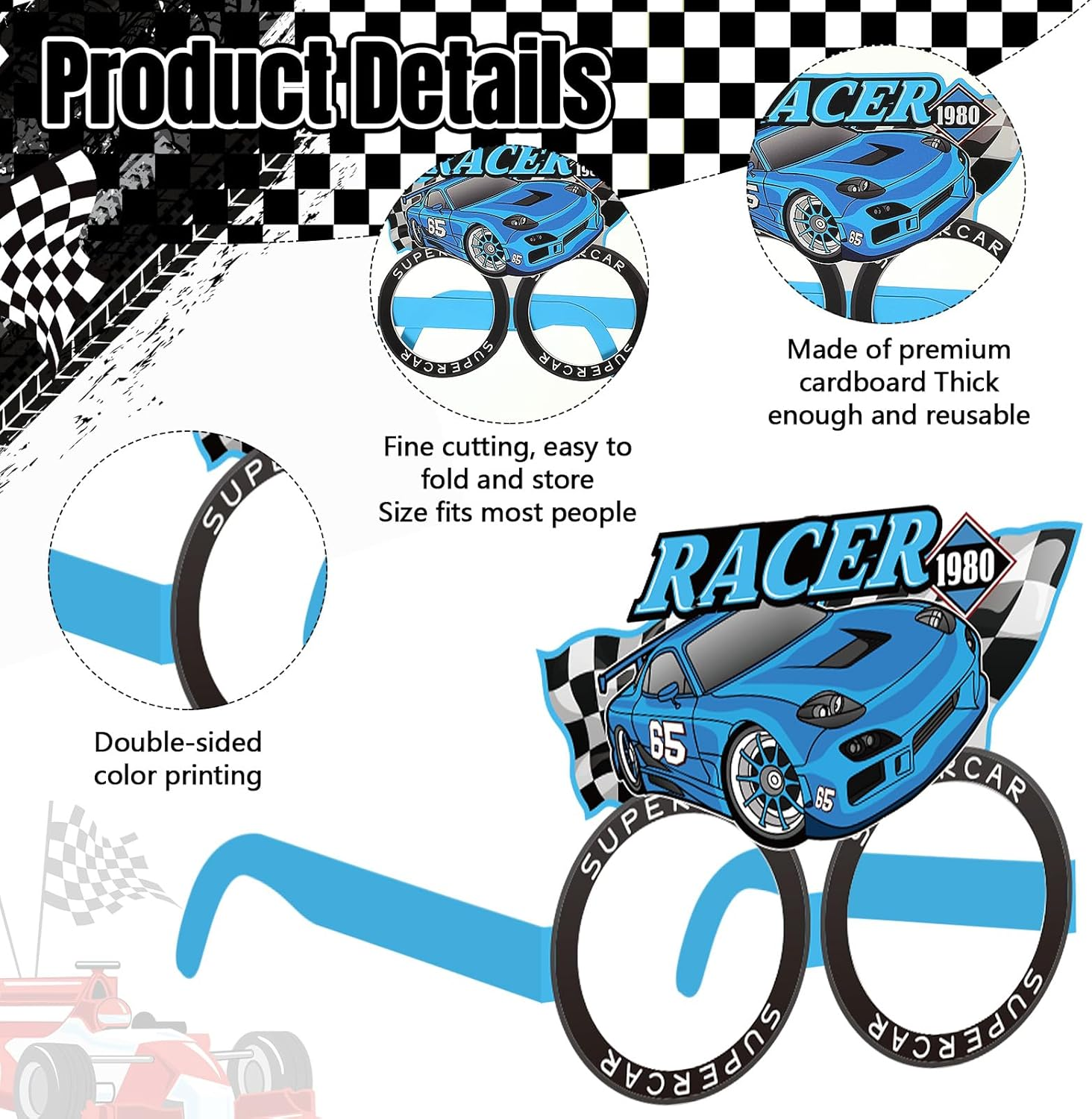 32 Pcs Race Car Party Decorations Racing Paper Glasses Frame Trunk Car Theme Eyeglasses Racing Car Photo Booth Props for Boys Race Car Birthday Party Baby Shower Favors Supplies image number 2
