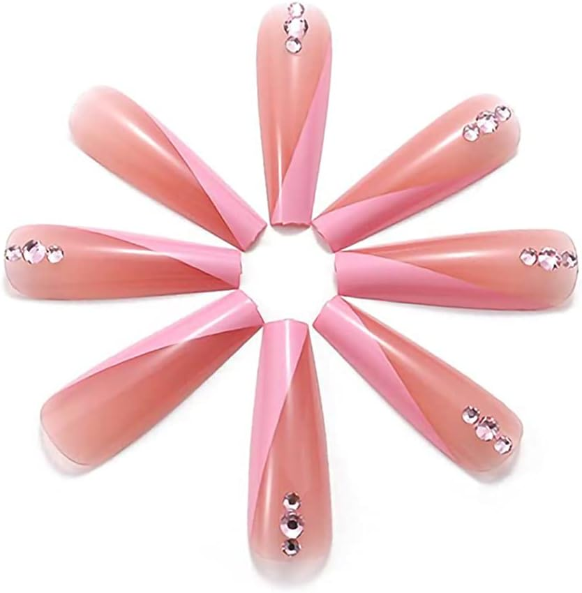 Rhinestone Press on Nails 24PCS Extra Long Pink Ballerina False Nails Full Cover Artificial Nails Tips for Women and Teen Girls