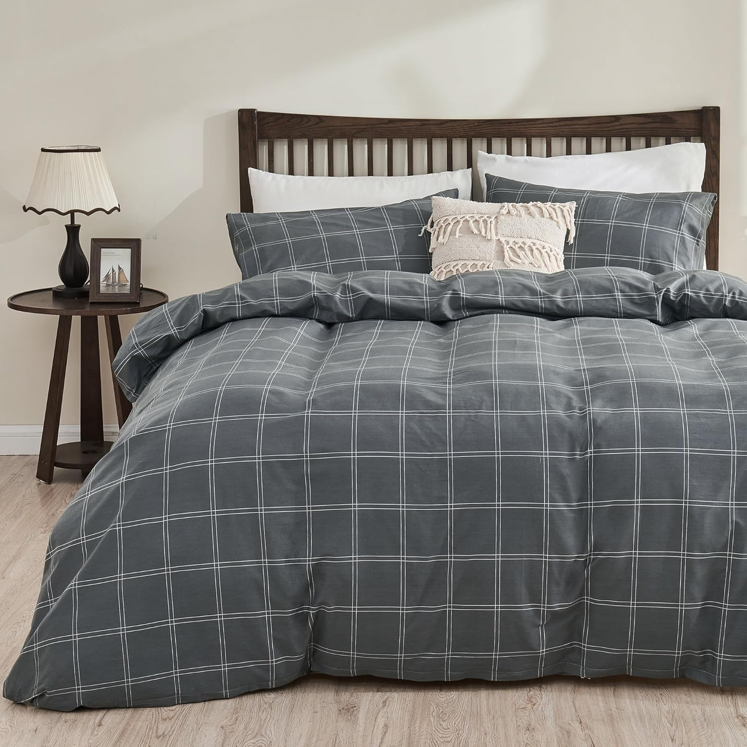 JELLYMONI 100% Natural Cotton 3Pcs Striped Duvet Cover Sets, Dark Grey Duvet Cover with White Stripes Pattern Printed Comforter Cover, with Zipper Closure & Corner Ties(Queen Size)