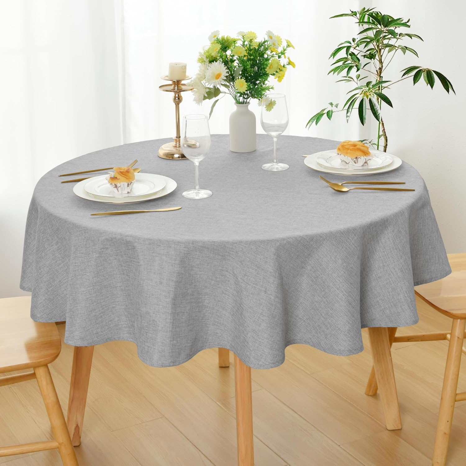 DWCN round Faux Linen Tablecloth 152Cm - Wrinkle and Stain Resistant Washable Polyester Fabric for Dining Room Kitchen, Dining, Party, Weddings and Restaurants, White
